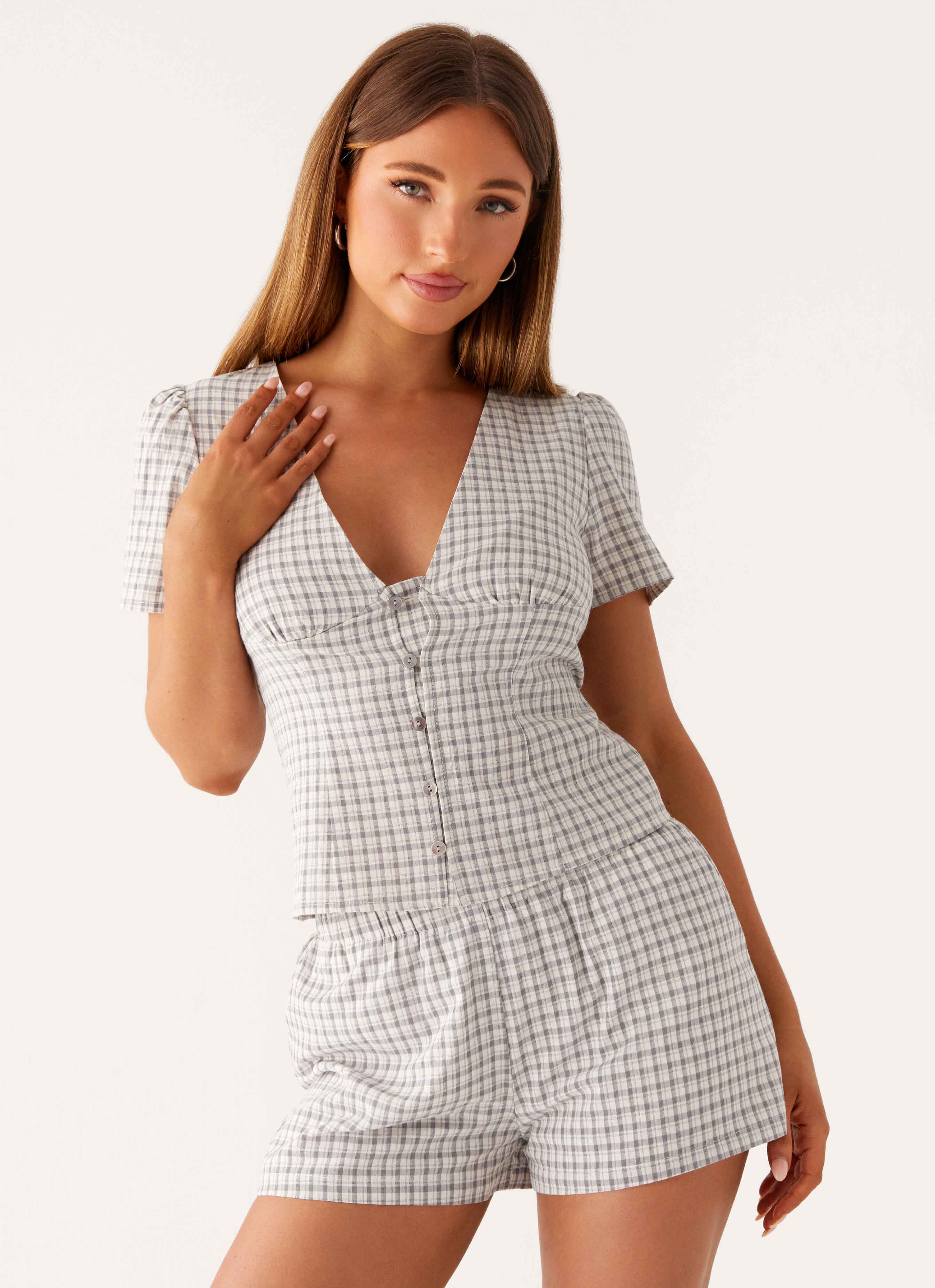 Adalina Button Up Top - Grey Check - Image 6
