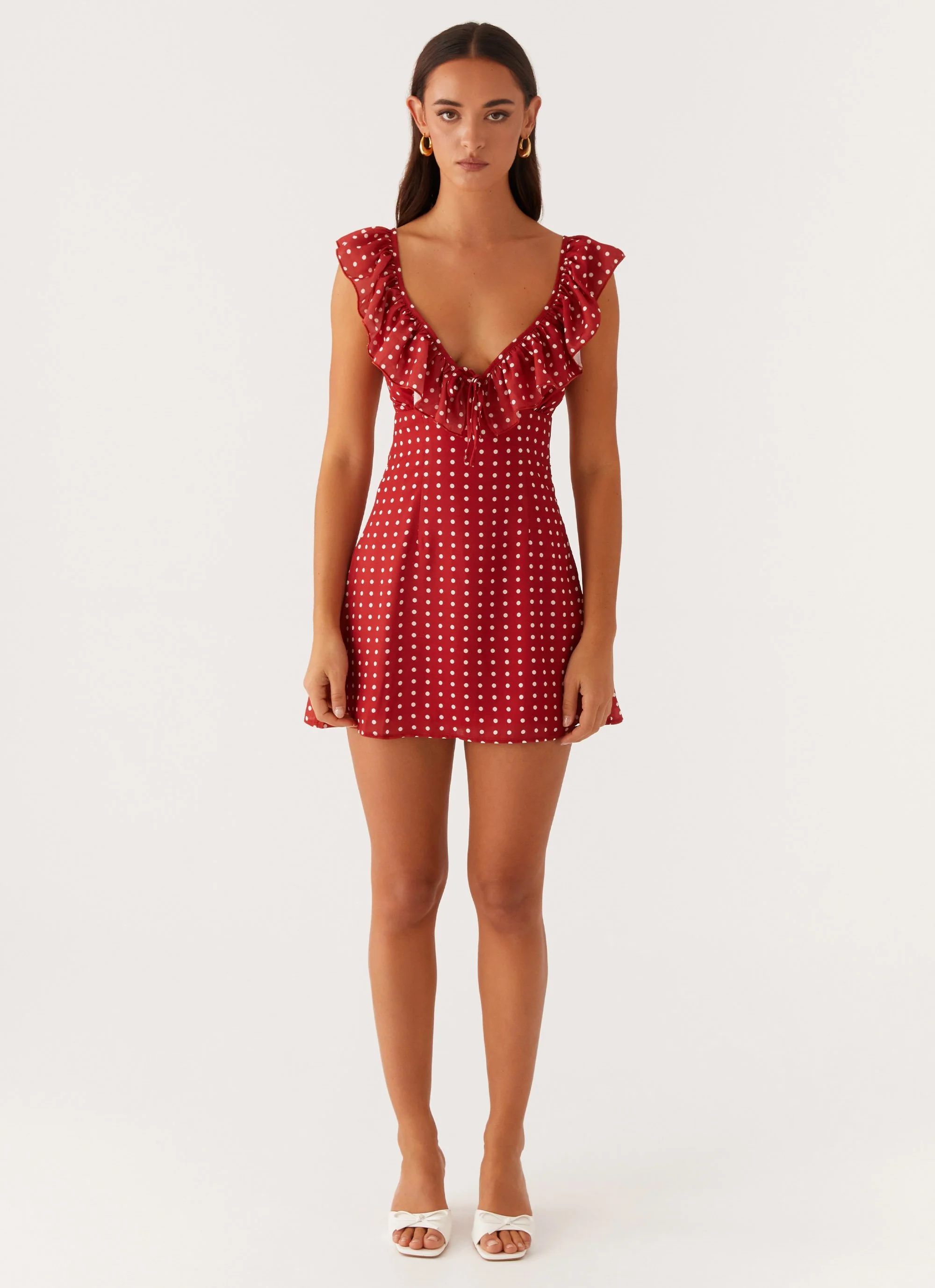 Adrina Ruffle Mini Dress - Red Polka Dot - Image 3
