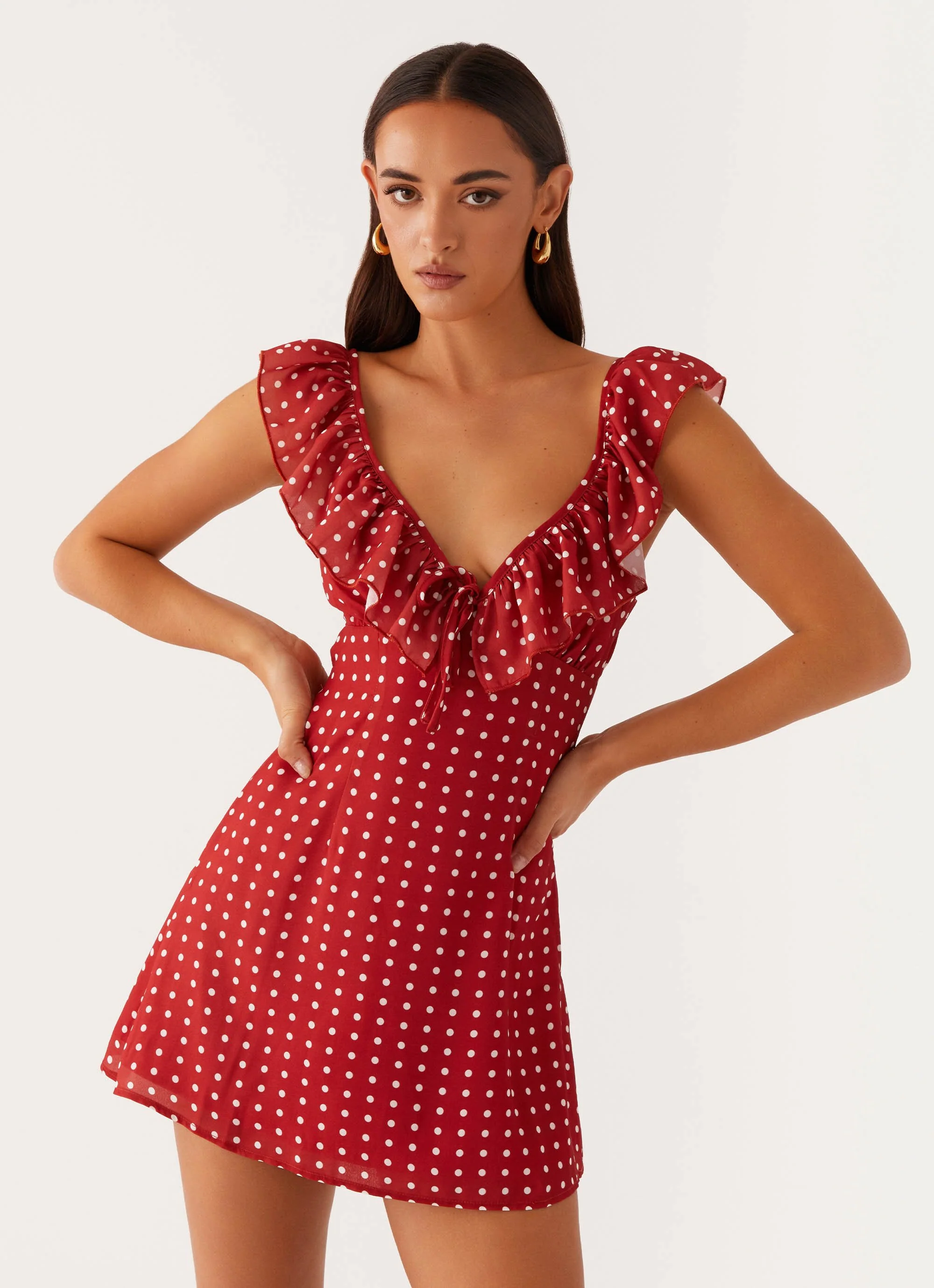 Adrina Ruffle Mini Dress - Red Polka Dot - Image 6