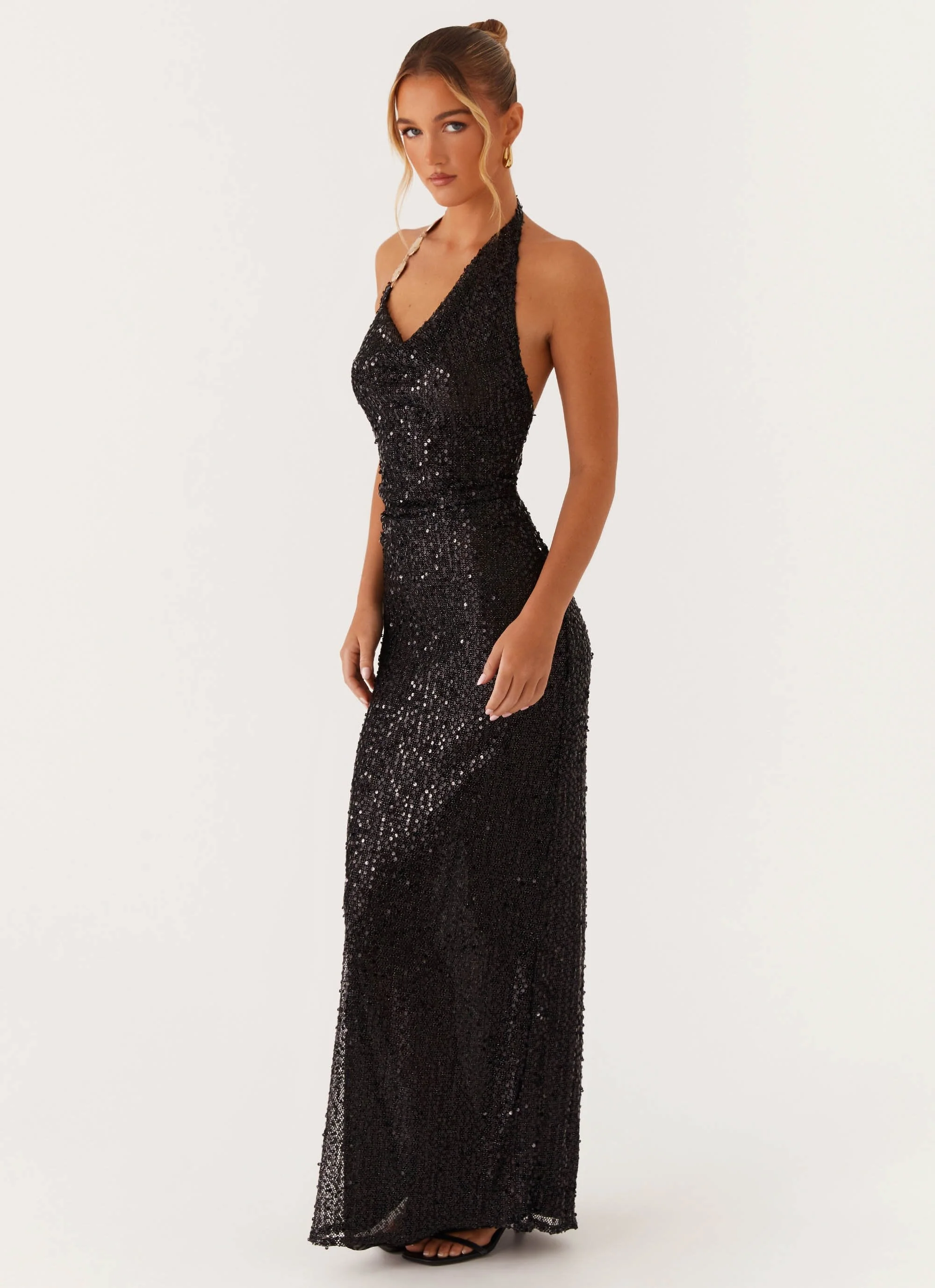 After Tonight Sequin Cowl Neck Maxi Dress - Black - Image 3