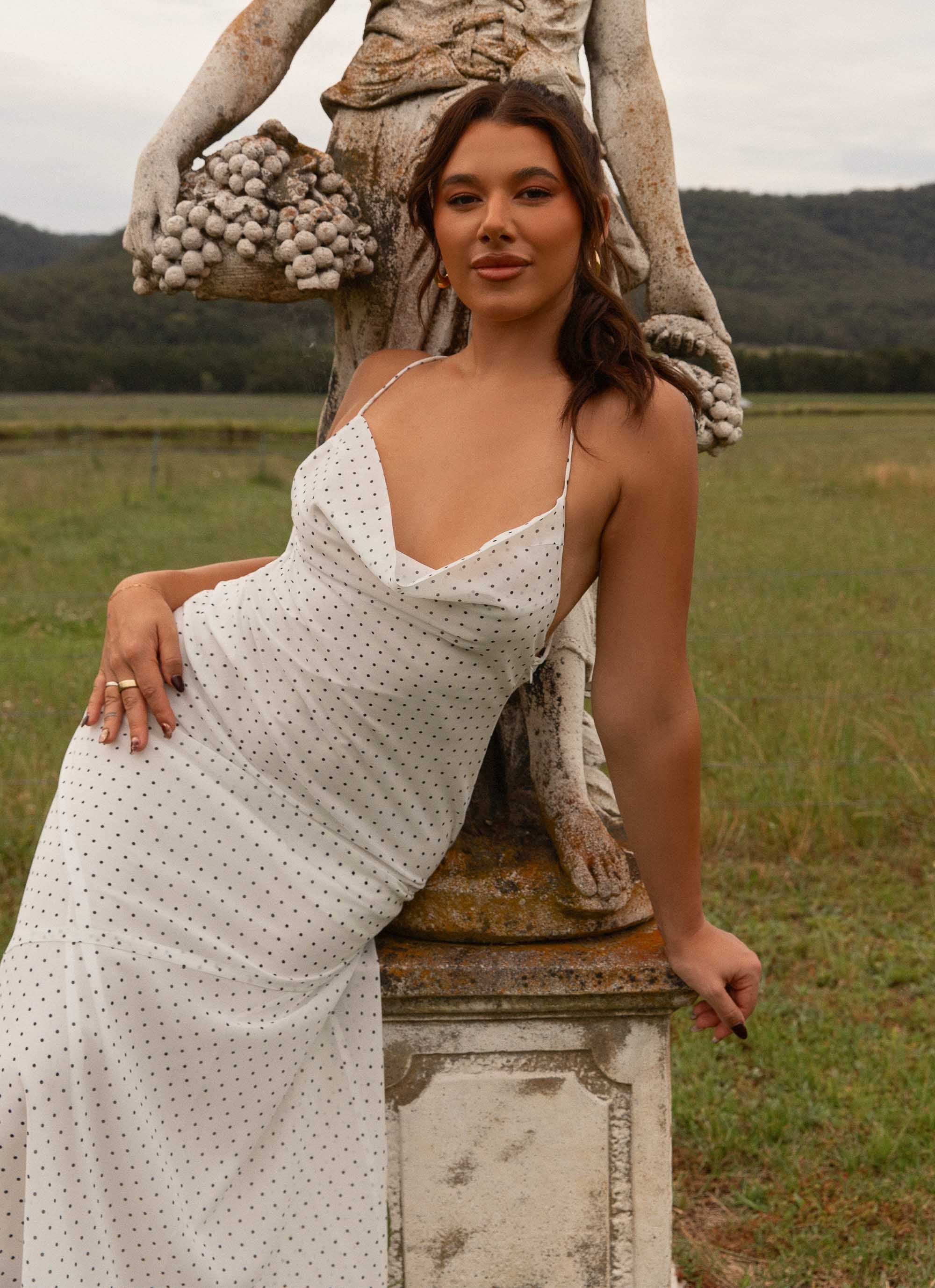 Alianna Cowl Neck Mesh Maxi Dress - White Polka Dot - Image 2