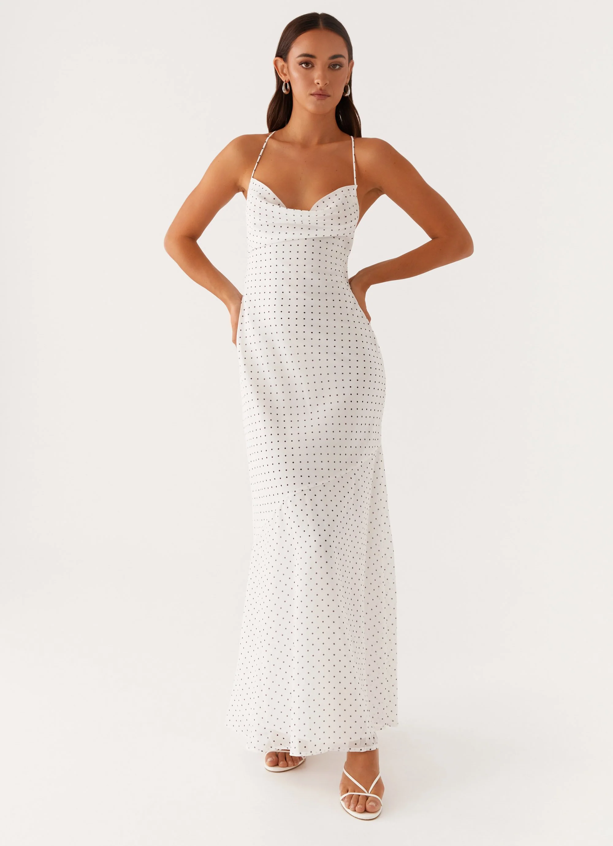 Alianna Cowl Neck Mesh Maxi Dress - White Polka Dot - Image 6
