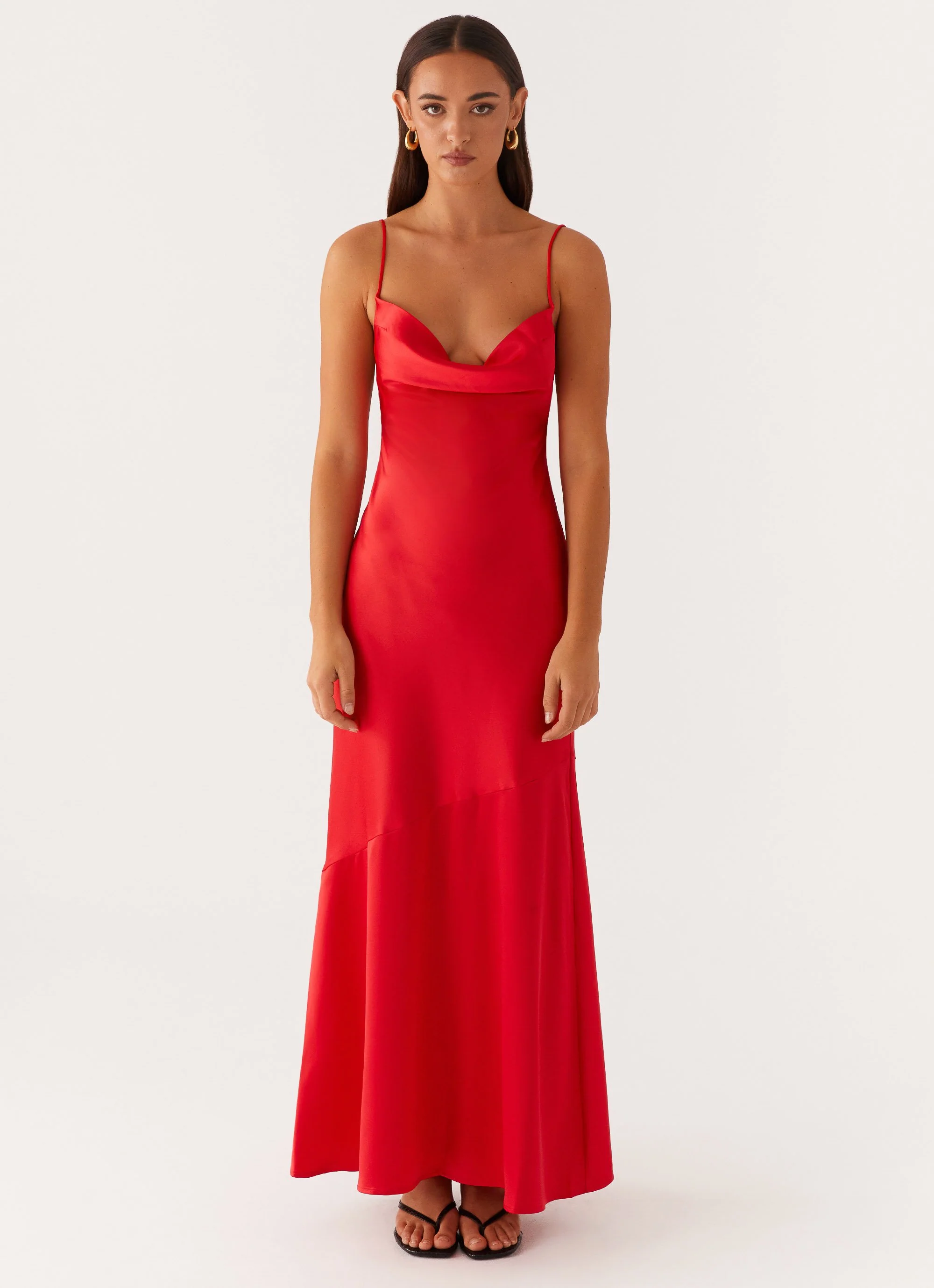 Alianna Cowl Neck Satin Maxi Dress - Red - Image 3