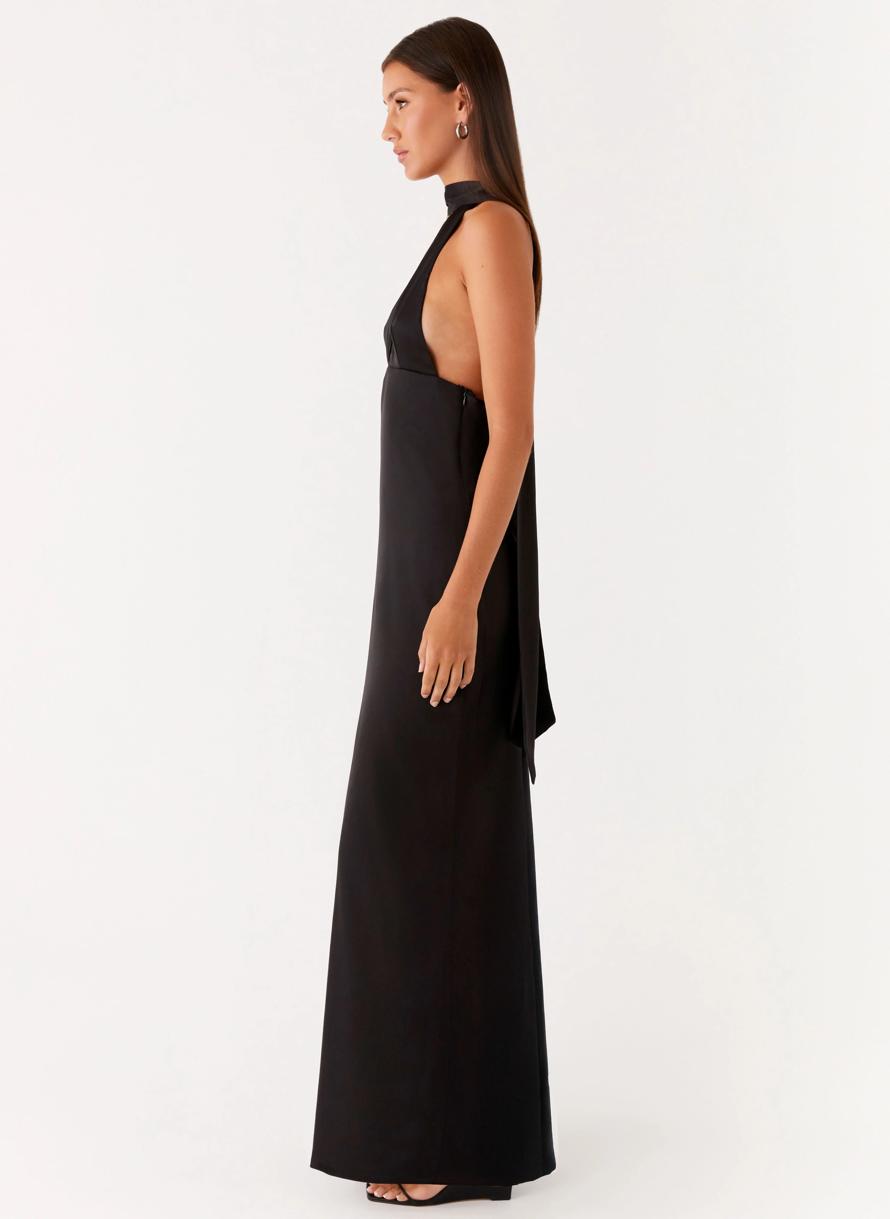 Alicia Satin Halter Maxi Dress - Black - Image 3