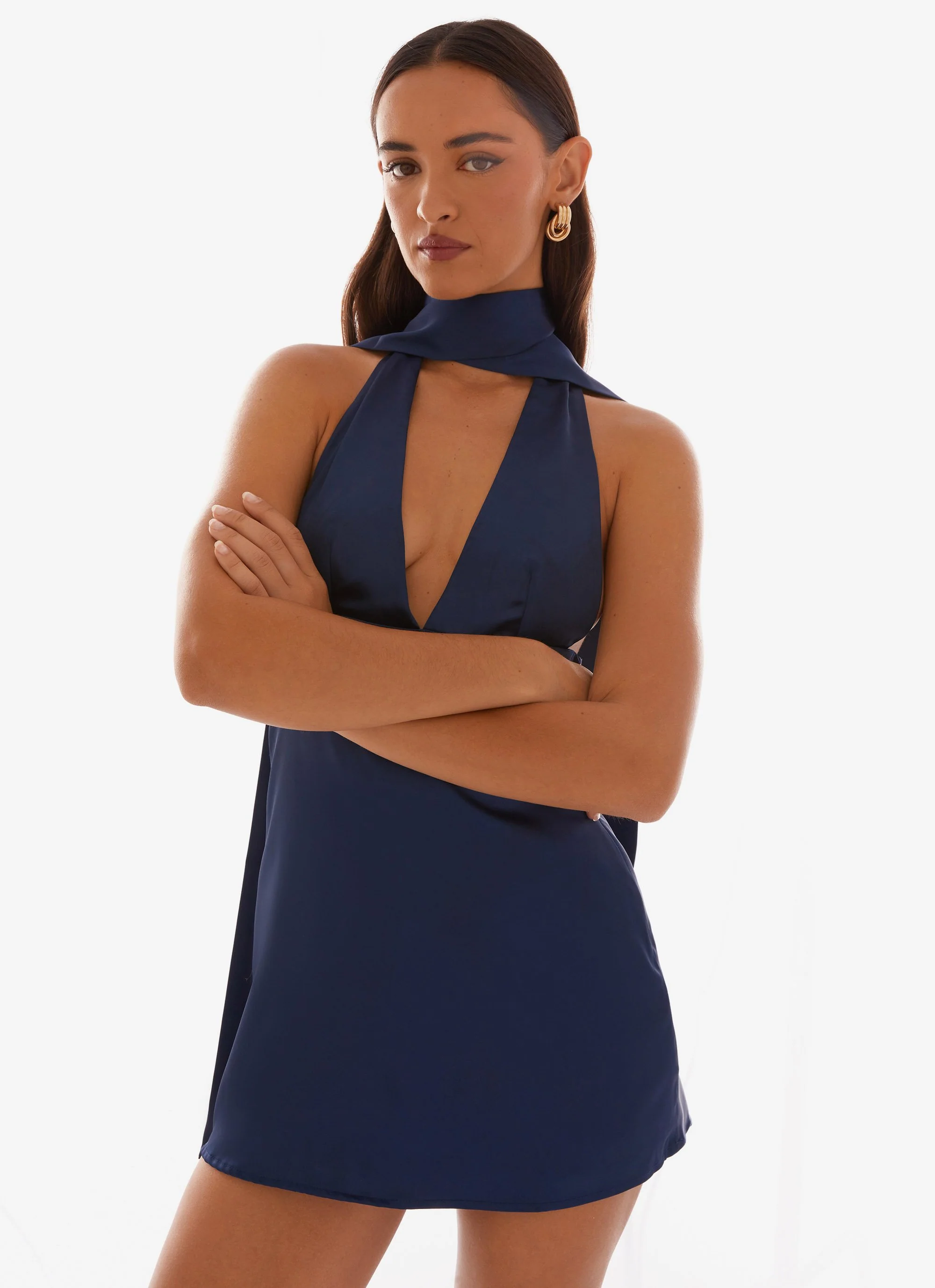 Alicia Satin Halter Mini Dress - Navy - Image 6
