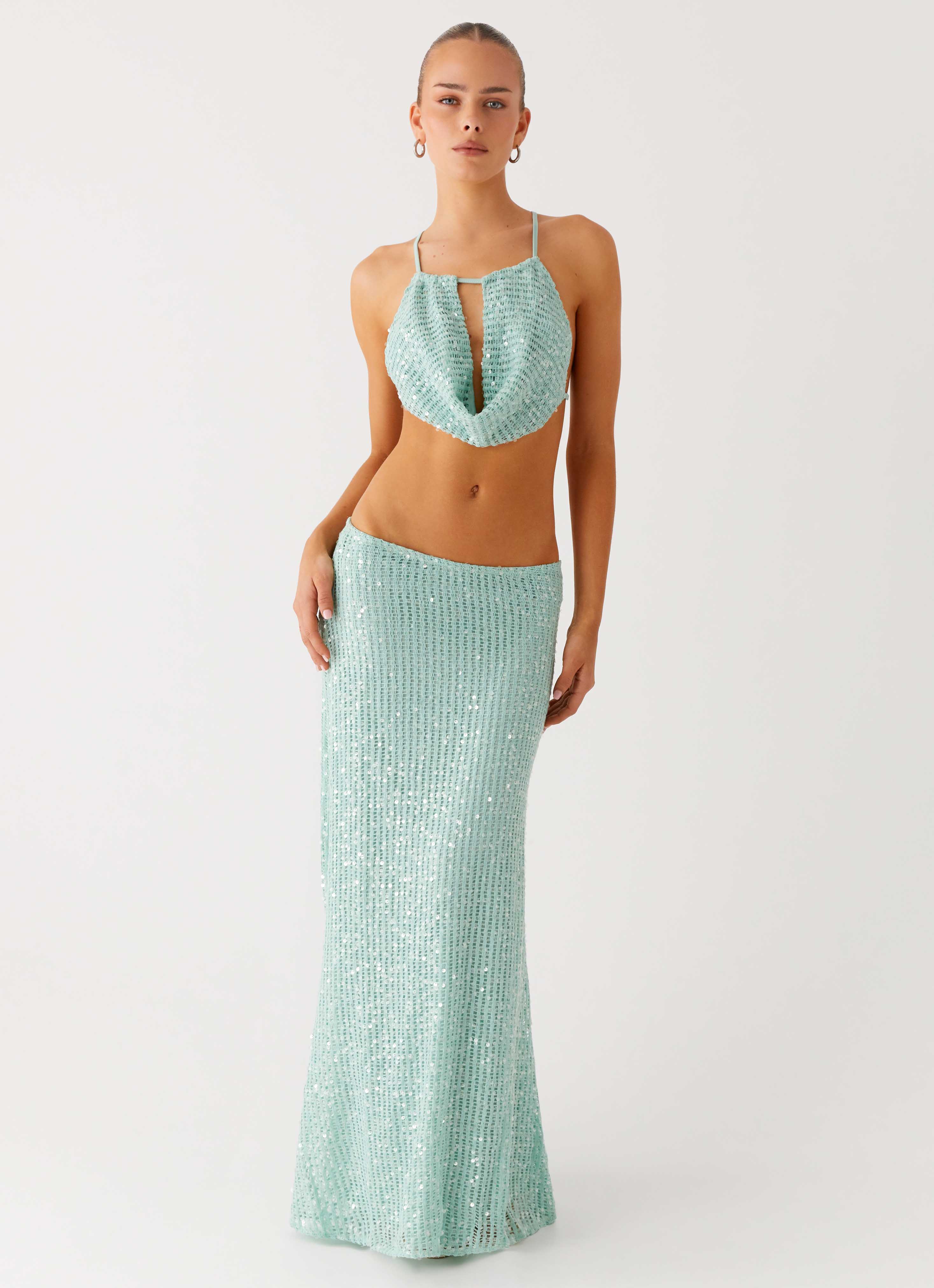 Amoura Sequin Low Rise Maxi Skirt - Mint Sage - Image 5