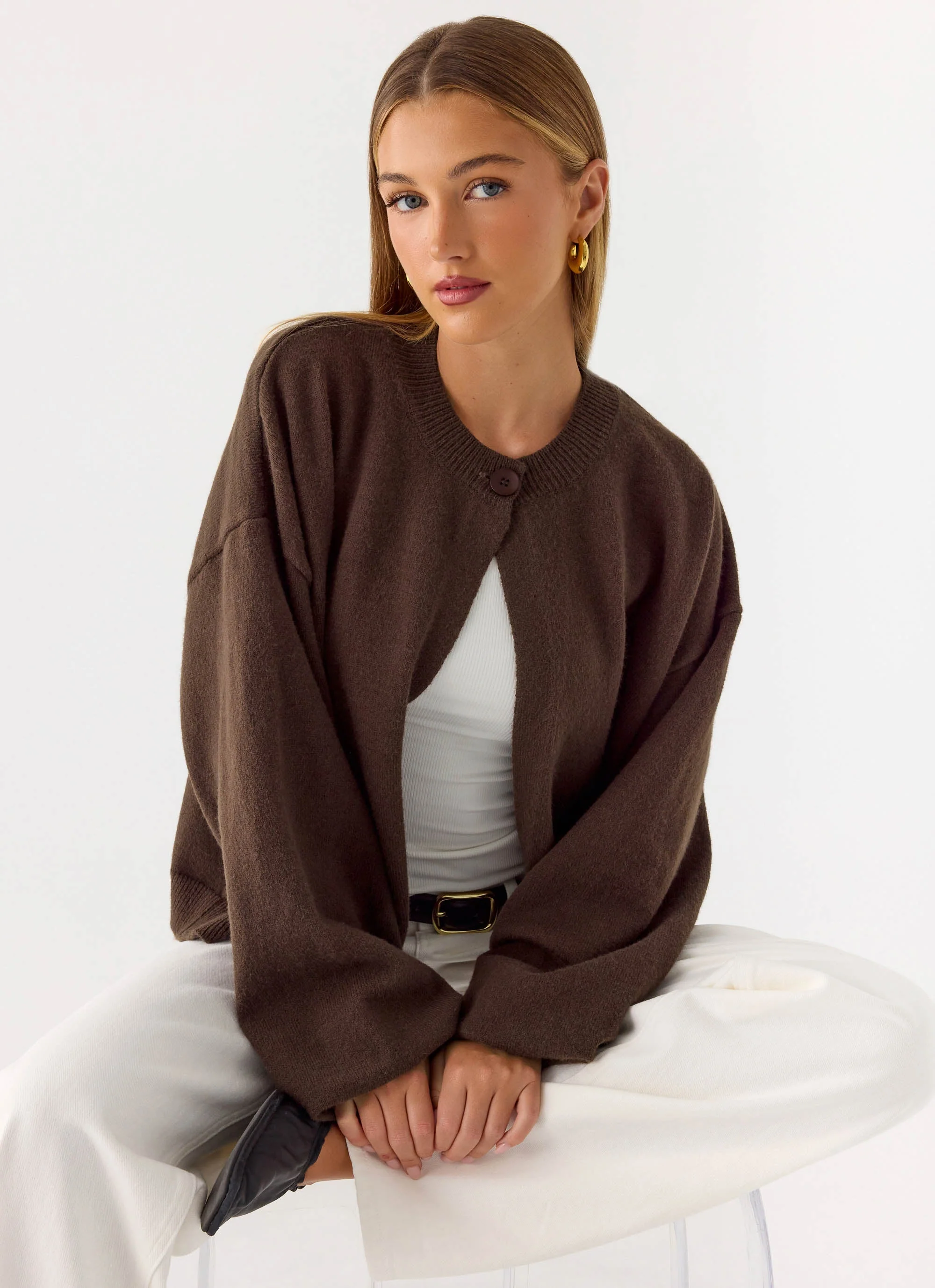 Annie One Button Cardigan - Chocolate - Image 6
