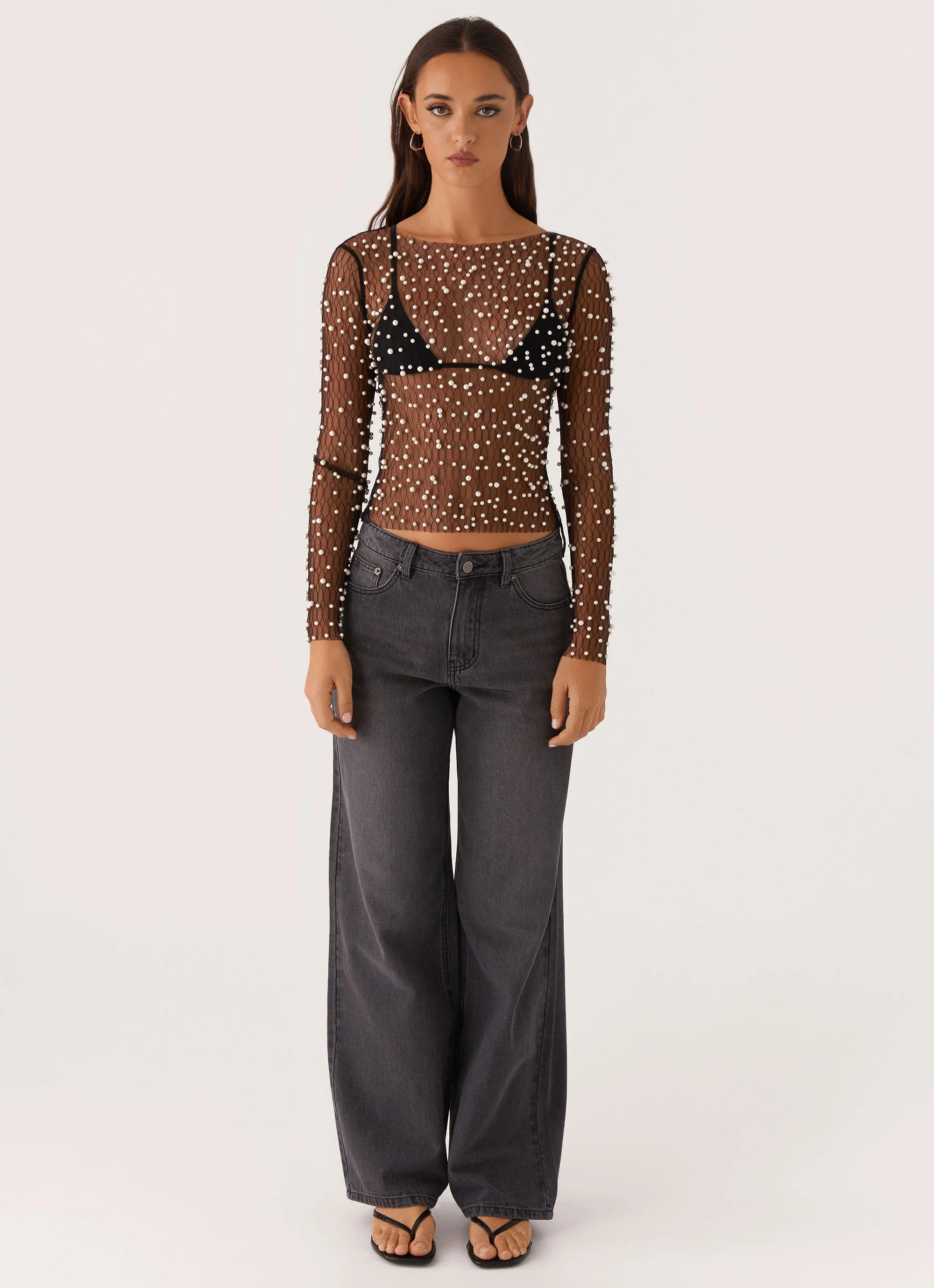 Another Universe Long Sleeve Pearl Top - Black - Image 3
