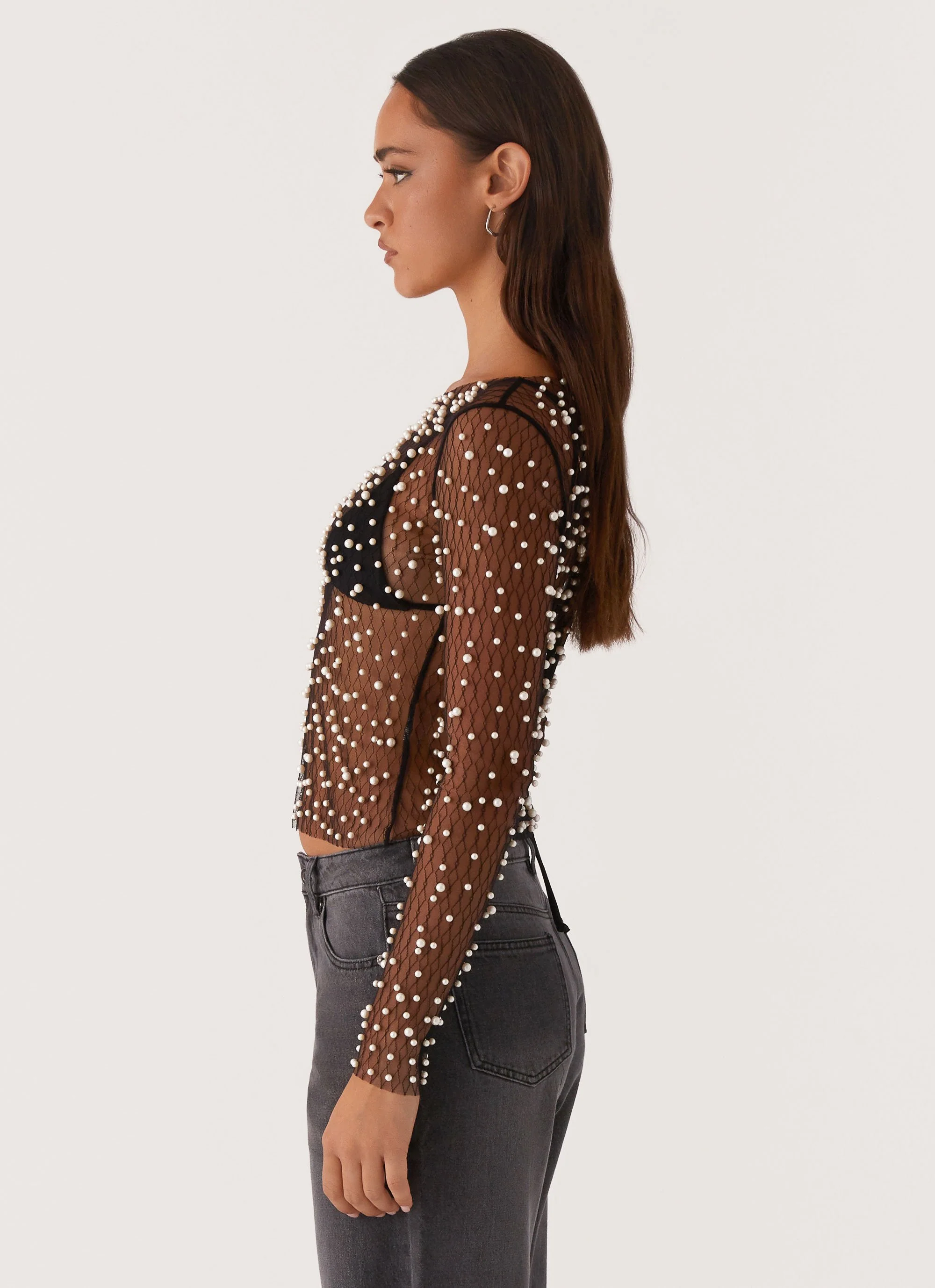 Another Universe Long Sleeve Pearl Top - Black - Image 4
