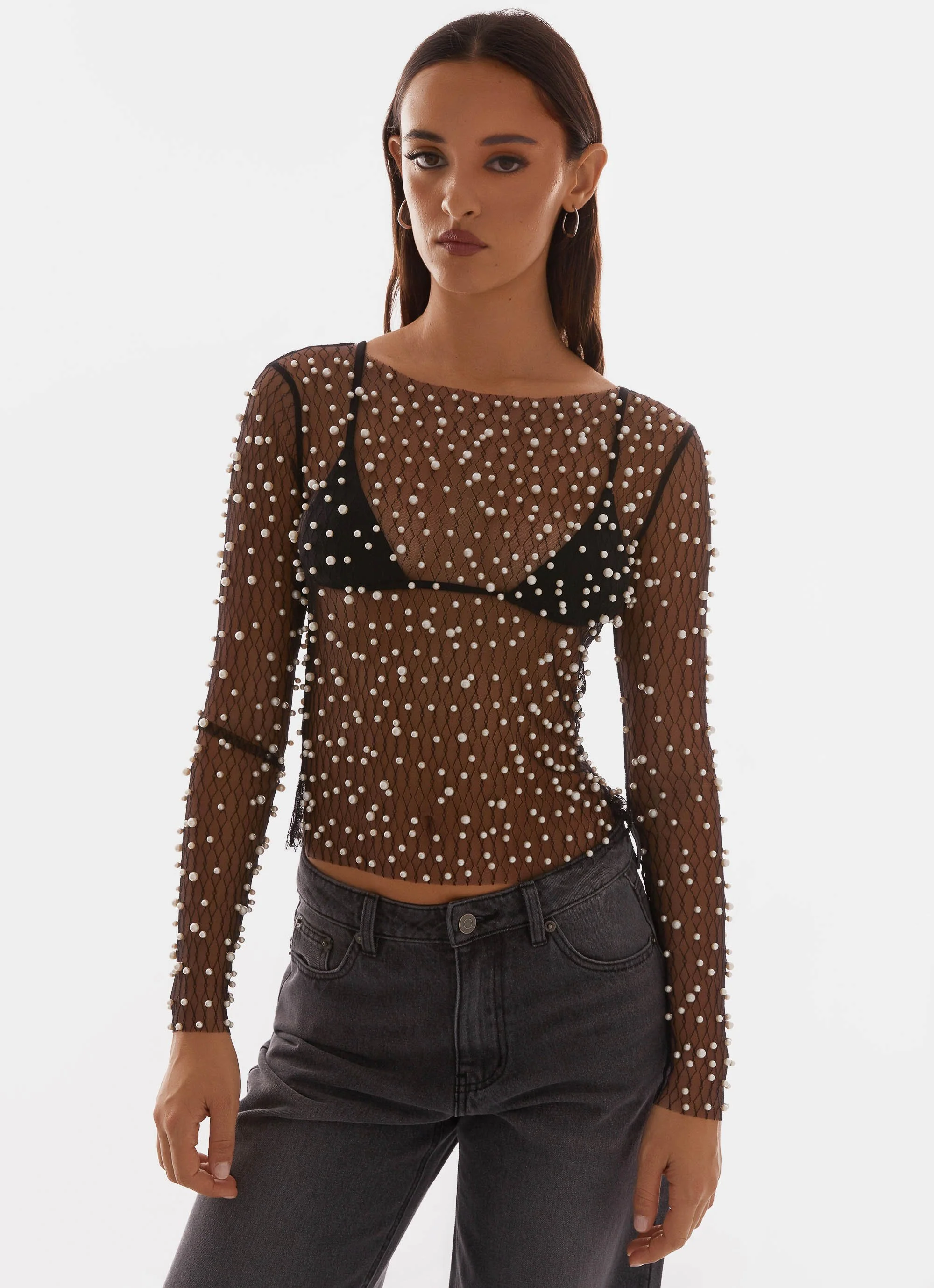 Another Universe Long Sleeve Pearl Top - Black - Image 6