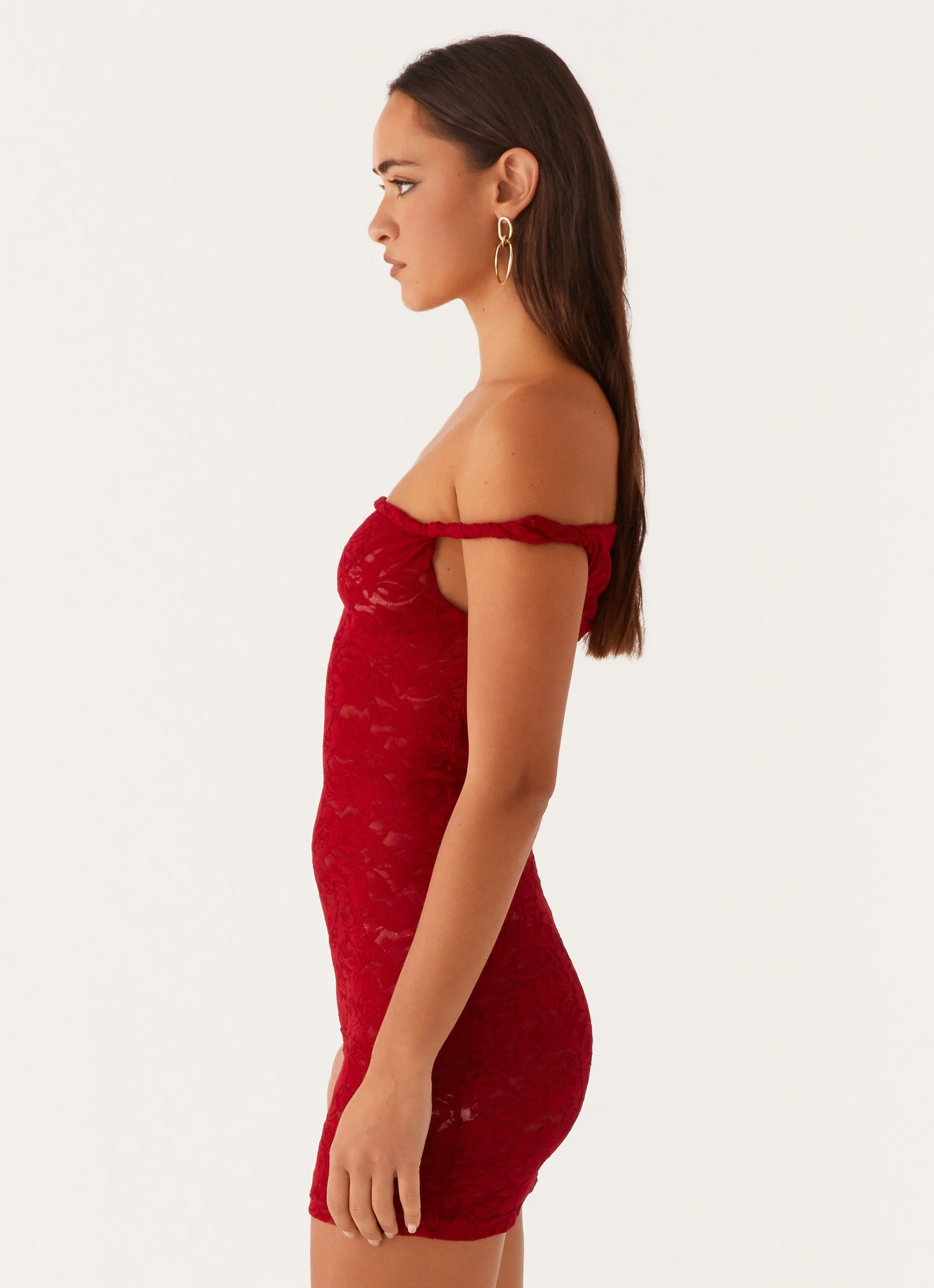 Arabella Lace Twist Shoulder Mini Dress - Red - Image 3