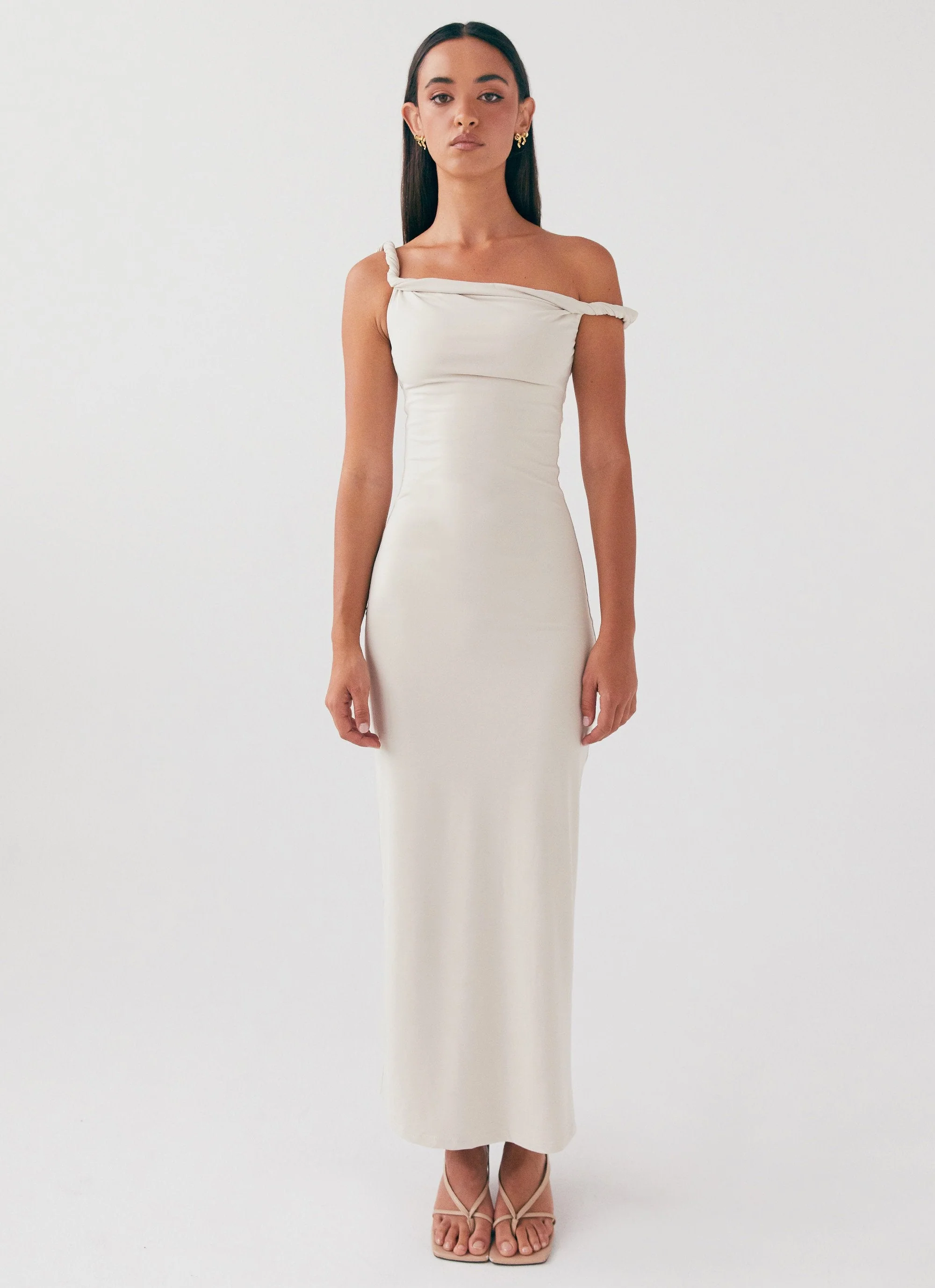 Arabella Twist Shoulder Maxi Dress - Beige - Image 2