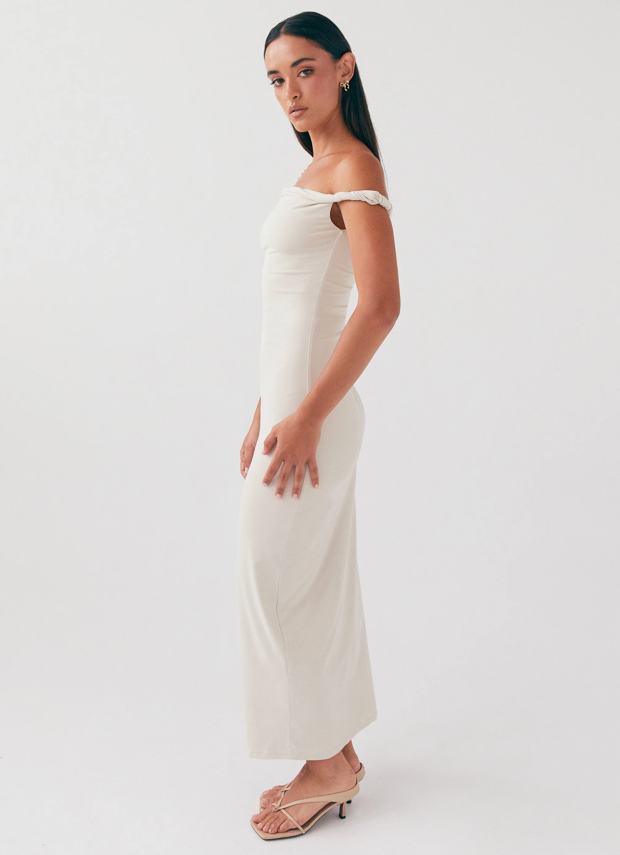 Arabella Twist Shoulder Maxi Dress - Beige - Image 3