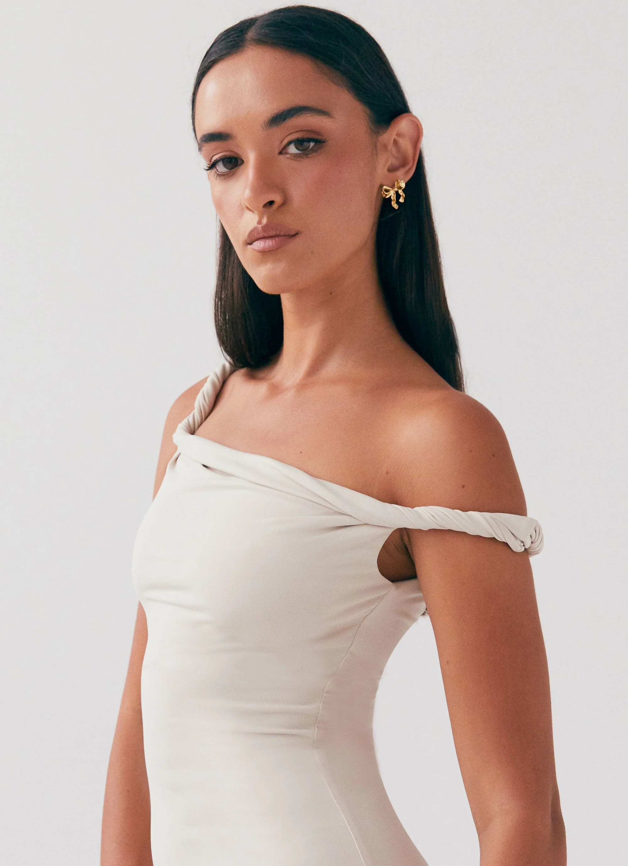 Arabella Twist Shoulder Maxi Dress - Beige - Image 5