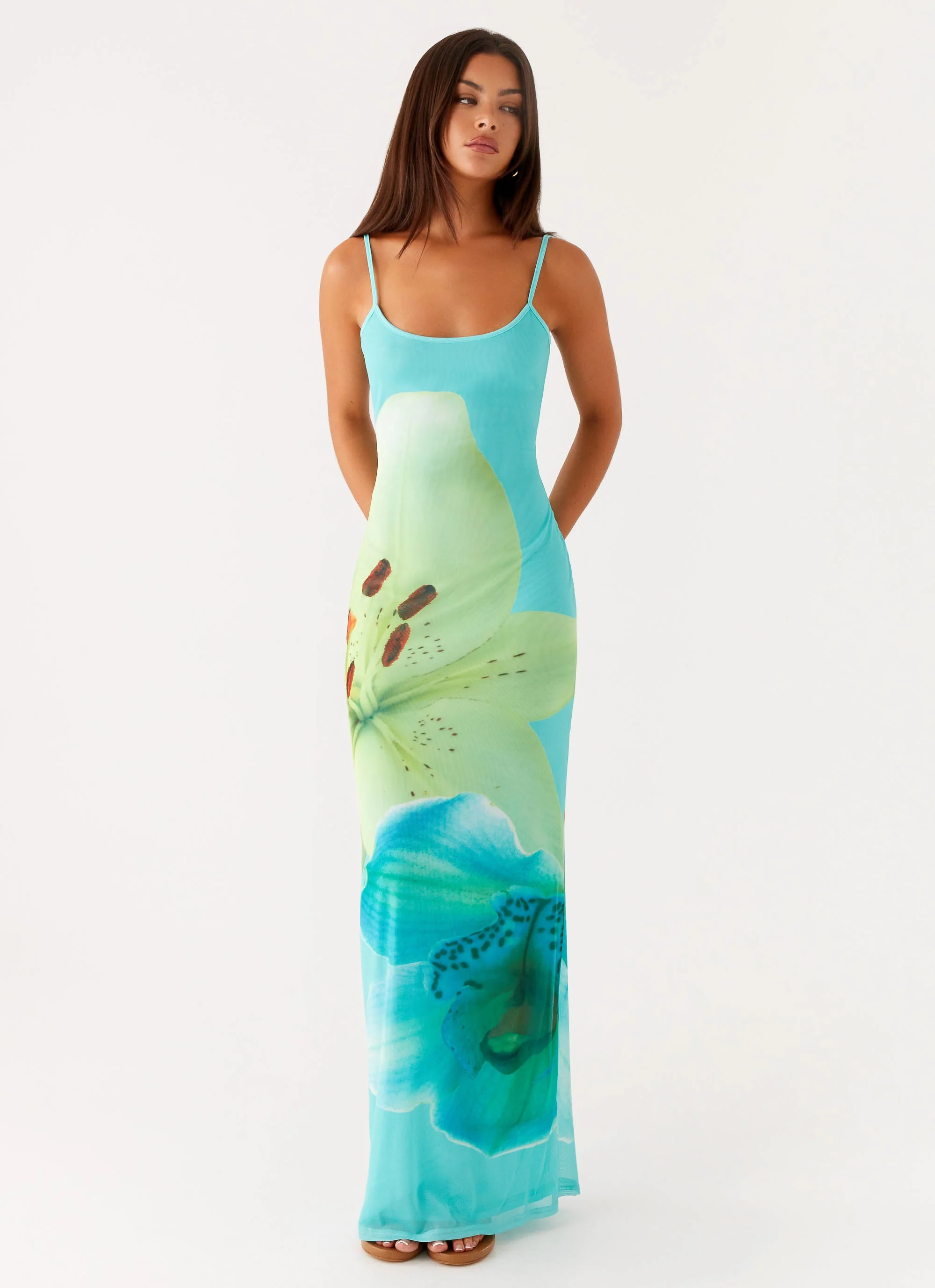 Bad News Mesh Maxi Dress - Turquoise Floral - Image 2