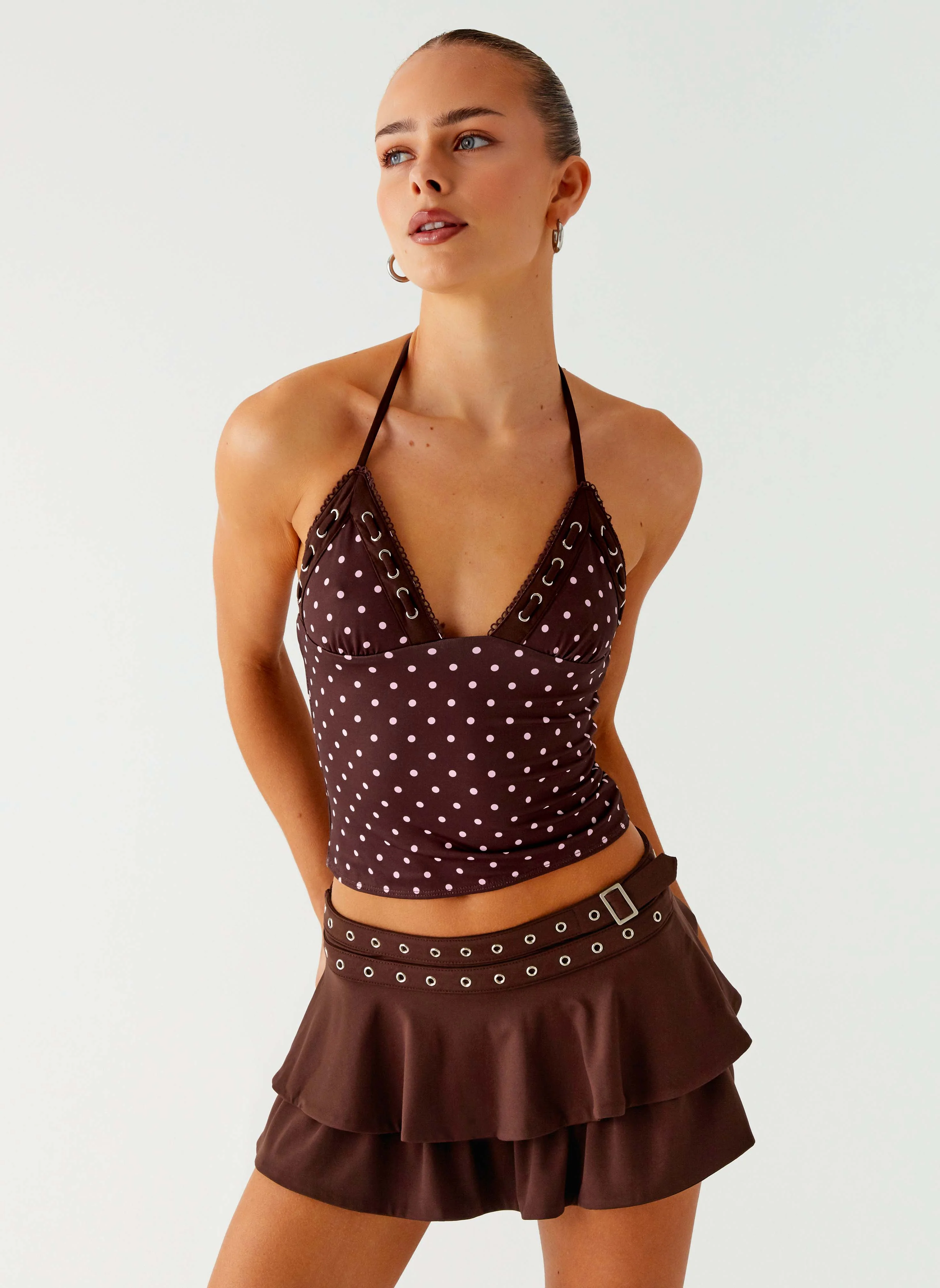 Bahama Eyelet Lace Up Top - Chocolate Strawberry Dot - Image 5
