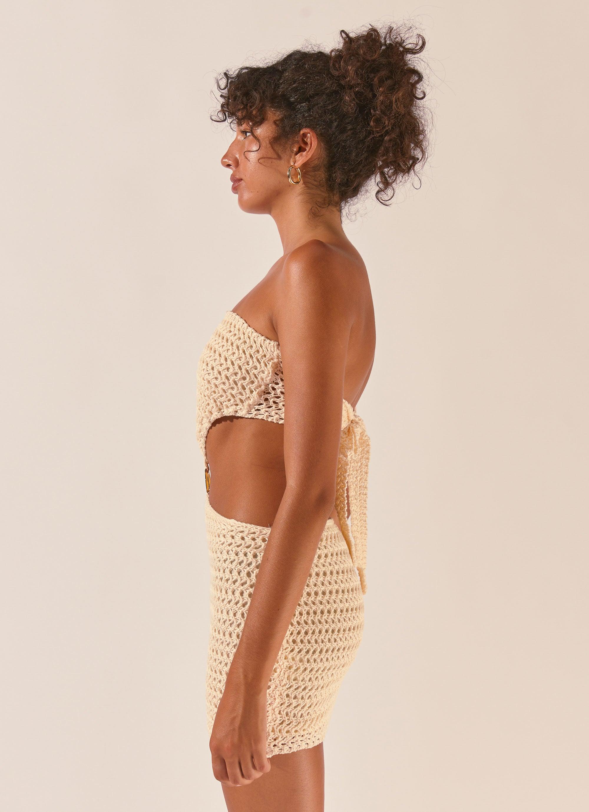 Balmy Nights Crochet Mini Dress - Seashell - Image 3
