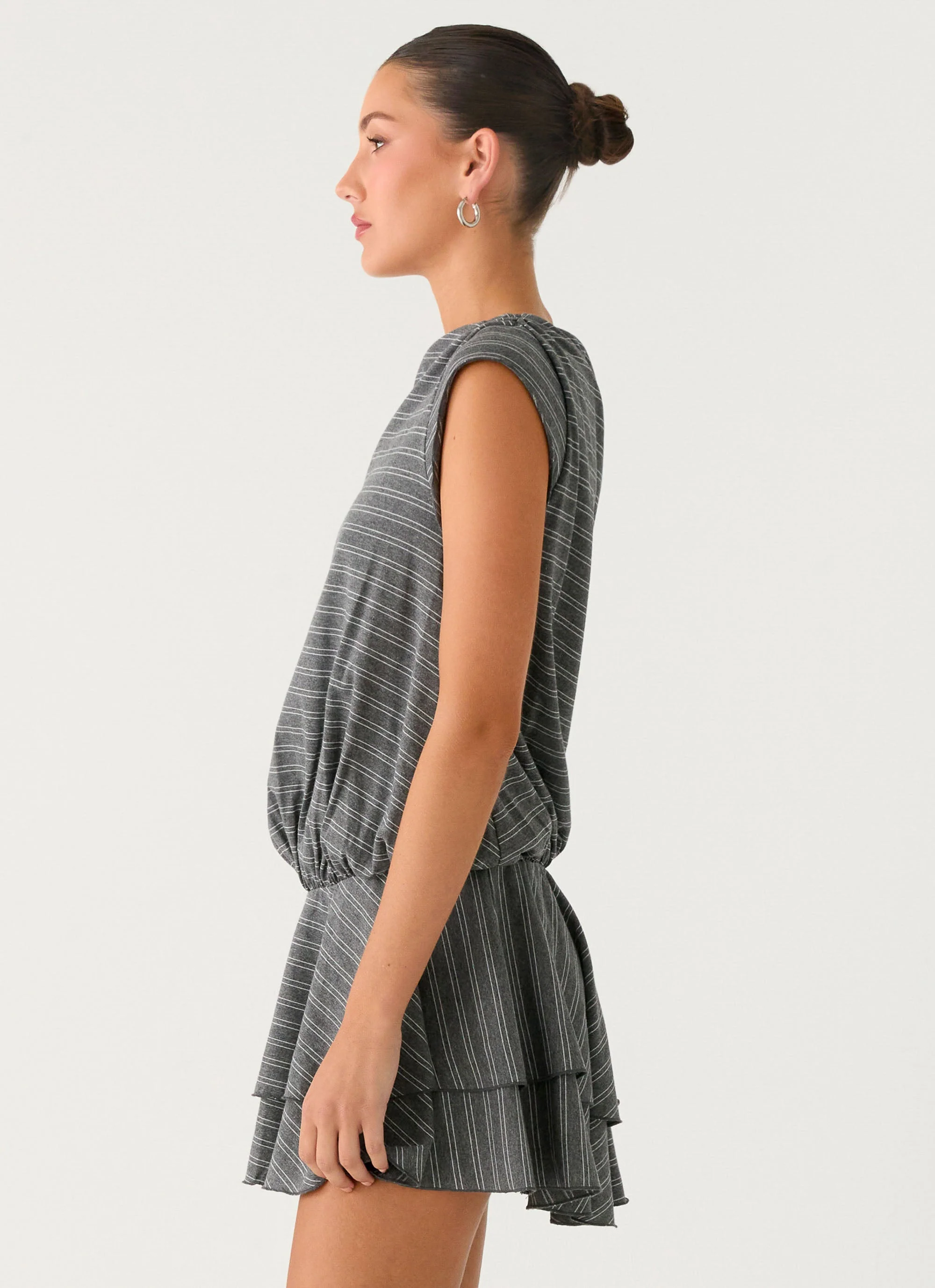Bambola Wide Neck Mini Dress - Grey Marle Stripe - Image 3