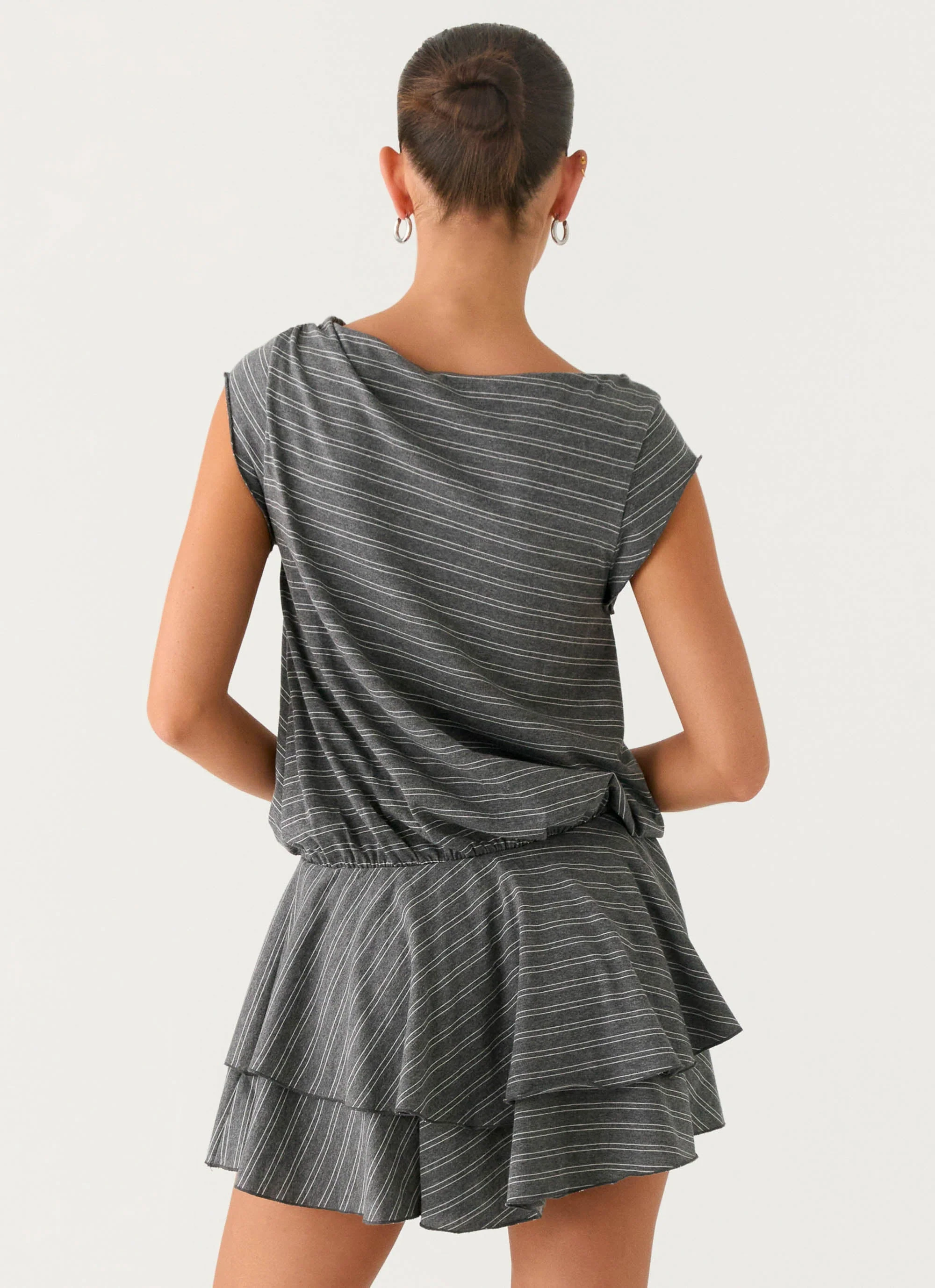 Bambola Wide Neck Mini Dress - Grey Marle Stripe - Image 4