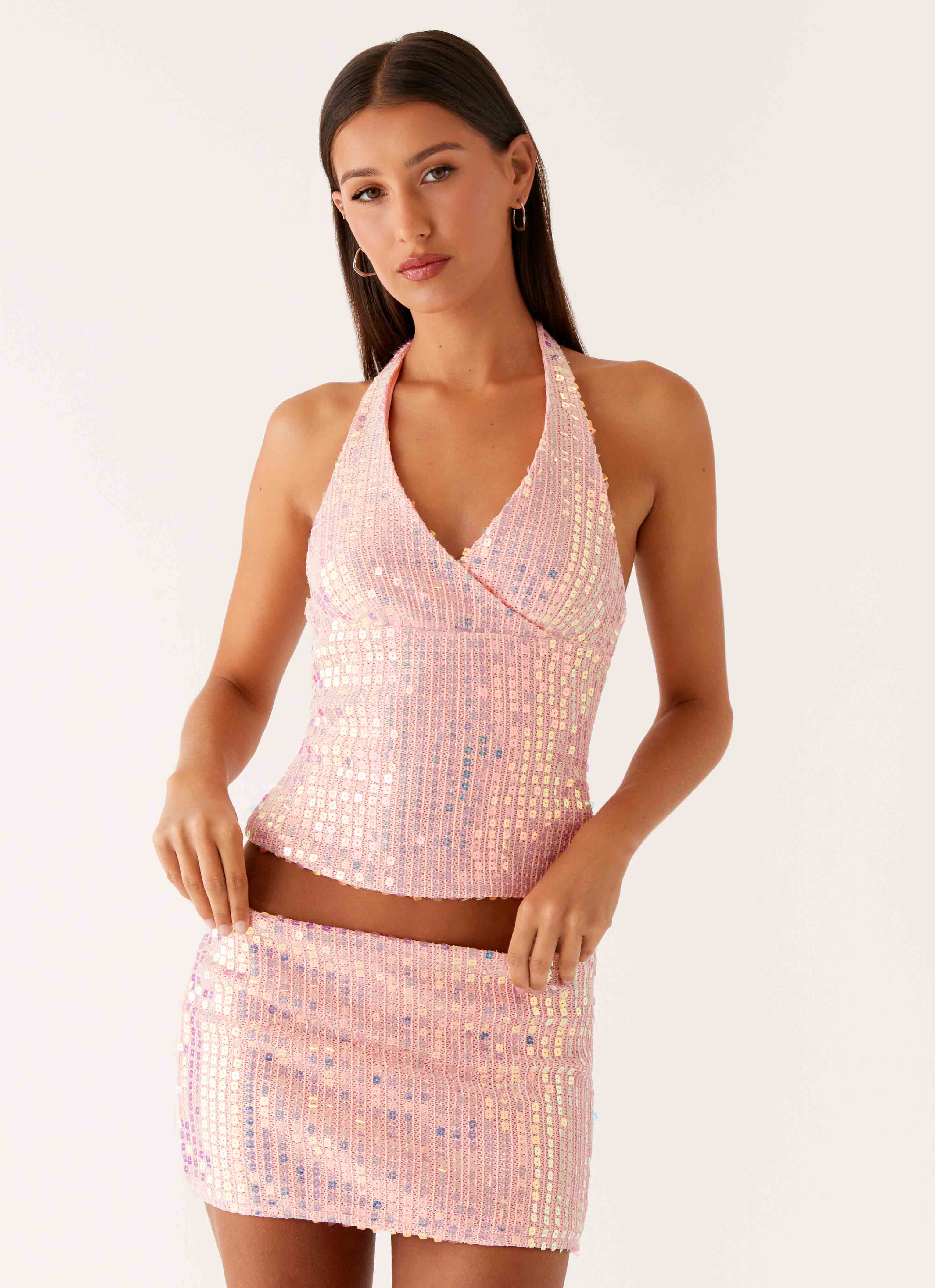 Been That Girl Knit Sequin Mini Skirt - Iridescent Pink - Image 2