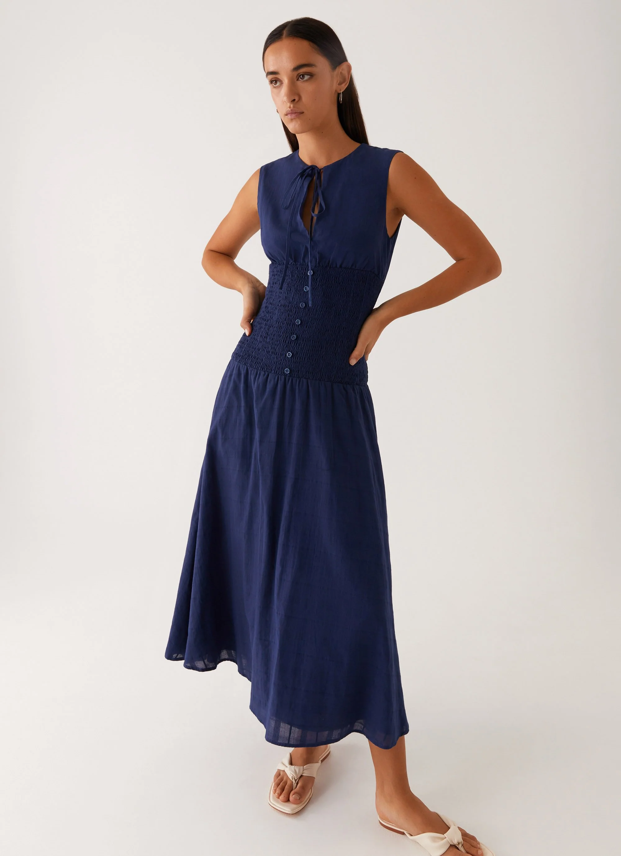 Belle Shirred Waist Midi Dress - Navy - Image 6