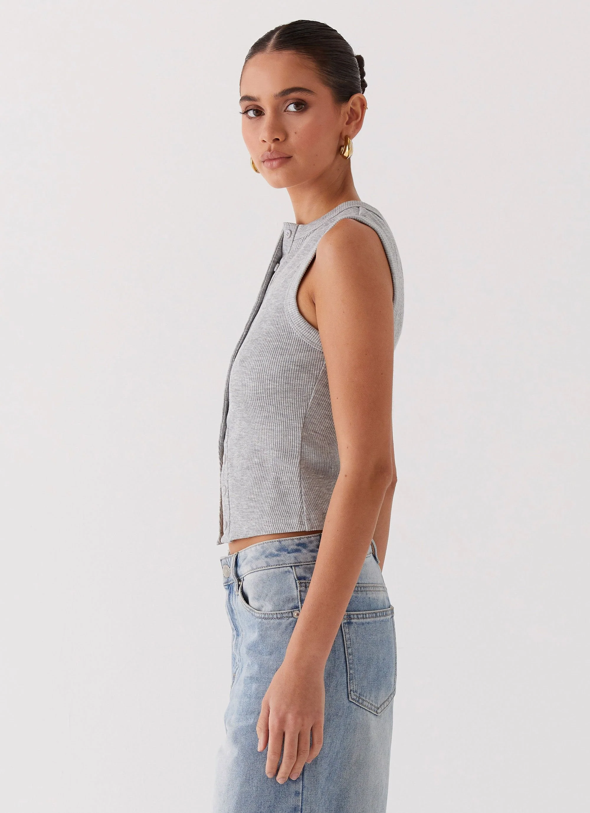 Blair Buttoned Tank Top - Grey Marle - Image 2