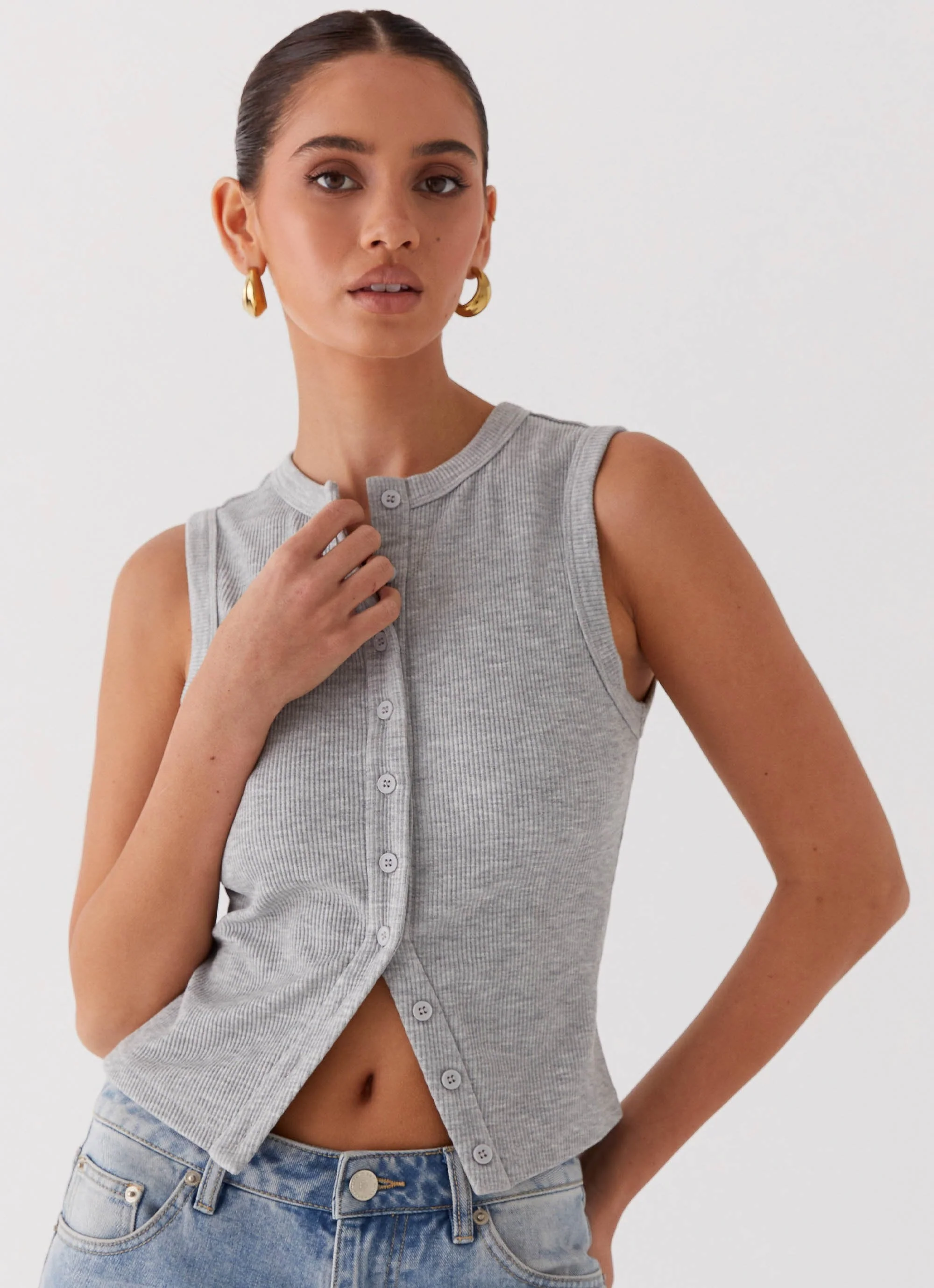 Blair Buttoned Tank Top - Grey Marle - Image 4