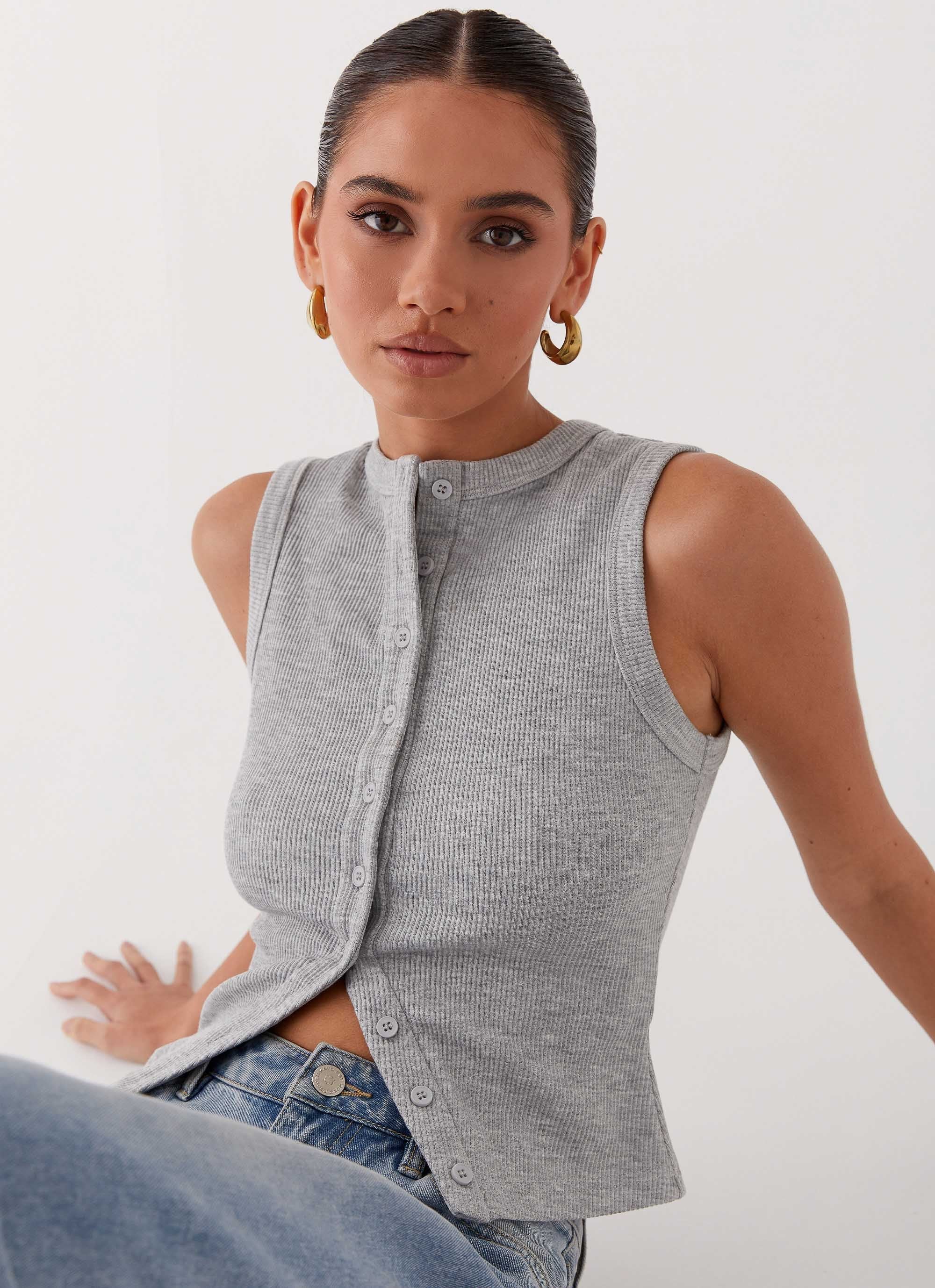 Blair Buttoned Tank Top - Grey Marle - Image 6