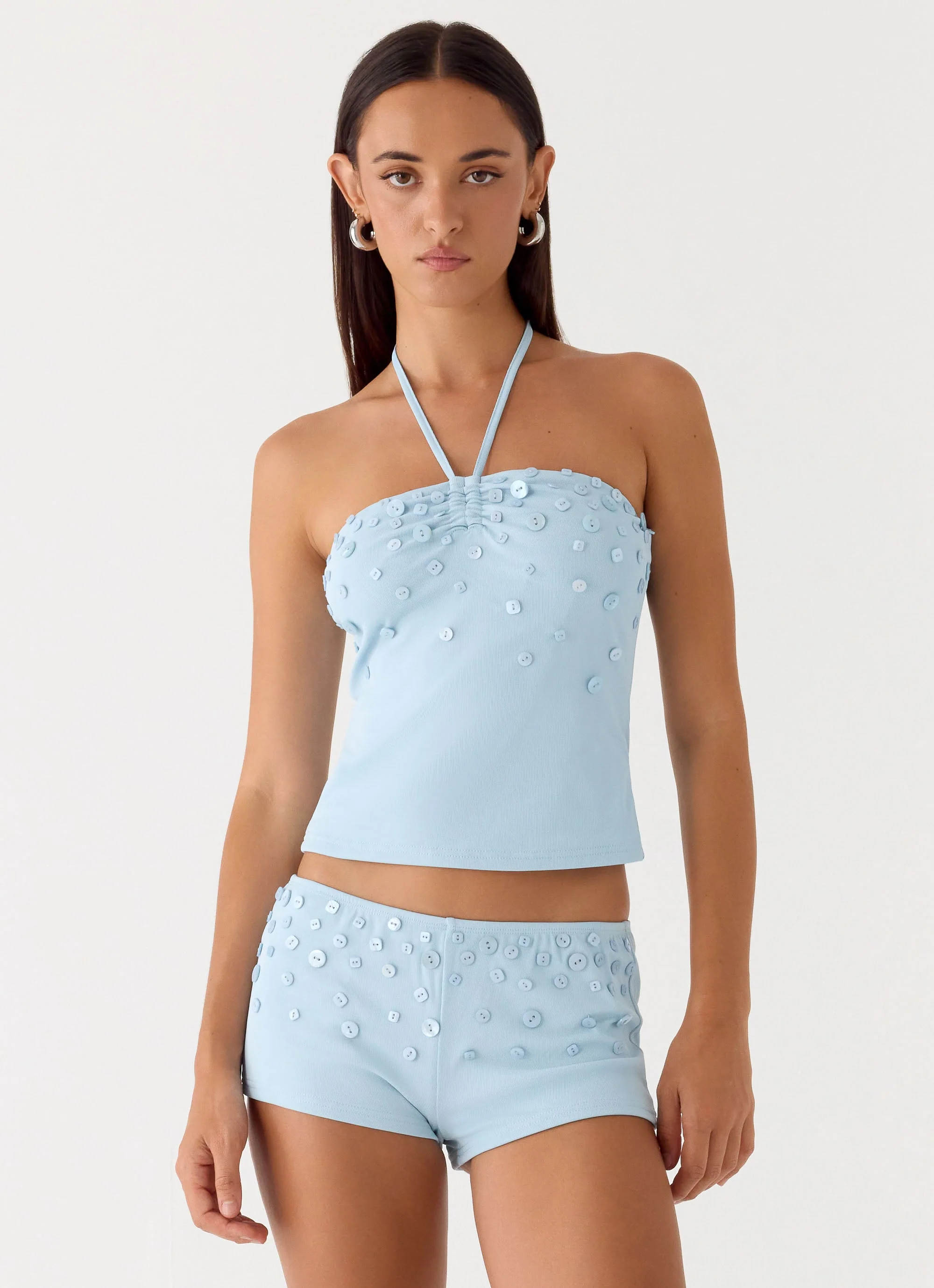 Bonita Button Mini Shorts  - Pale Blue - Image 2