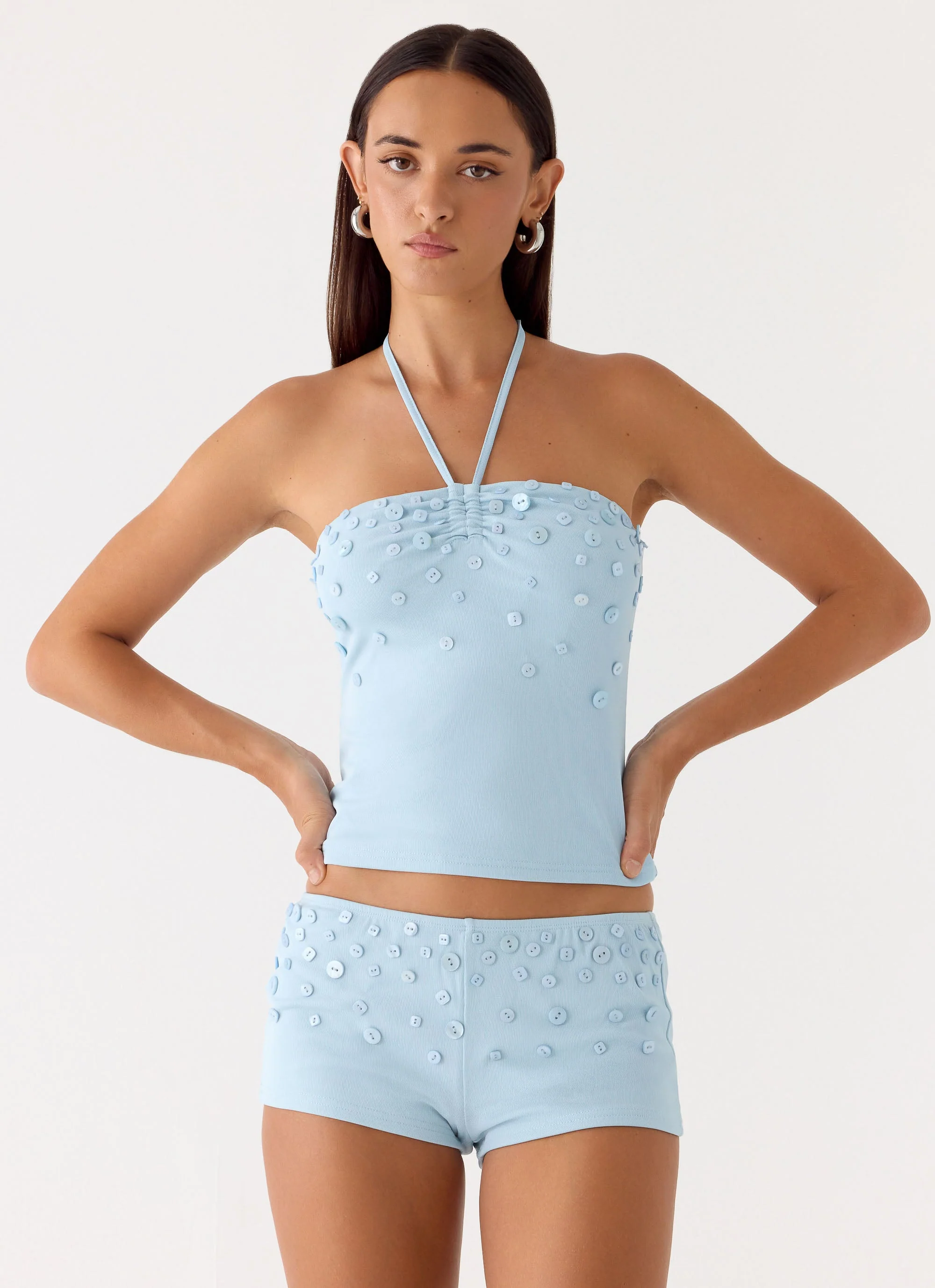 Bonita Button Mini Shorts  - Pale Blue - Image 5