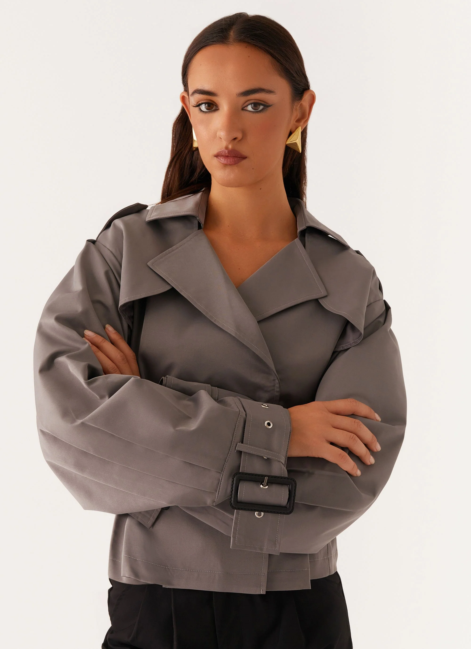Boston Cropped Trench Coat - Charcoal - Image 4