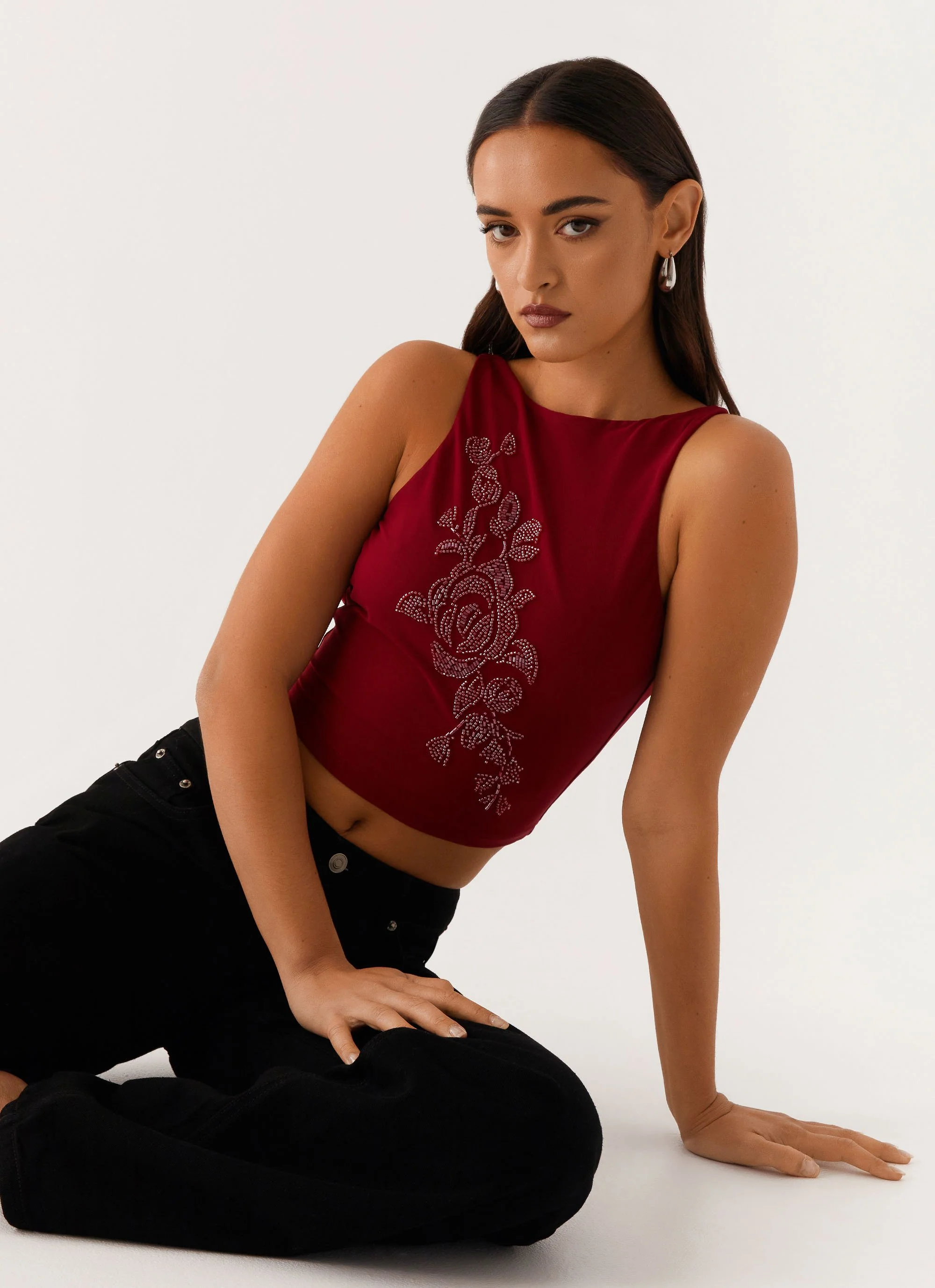 Brae Beaded Mesh Top - Deep Red - Image 5