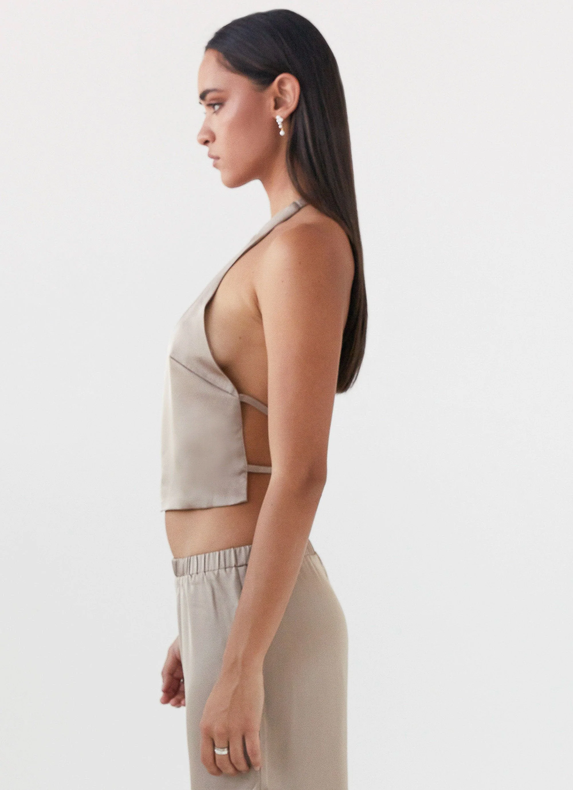 Bree Satin Halterneck Top - Mushroom - Image 3