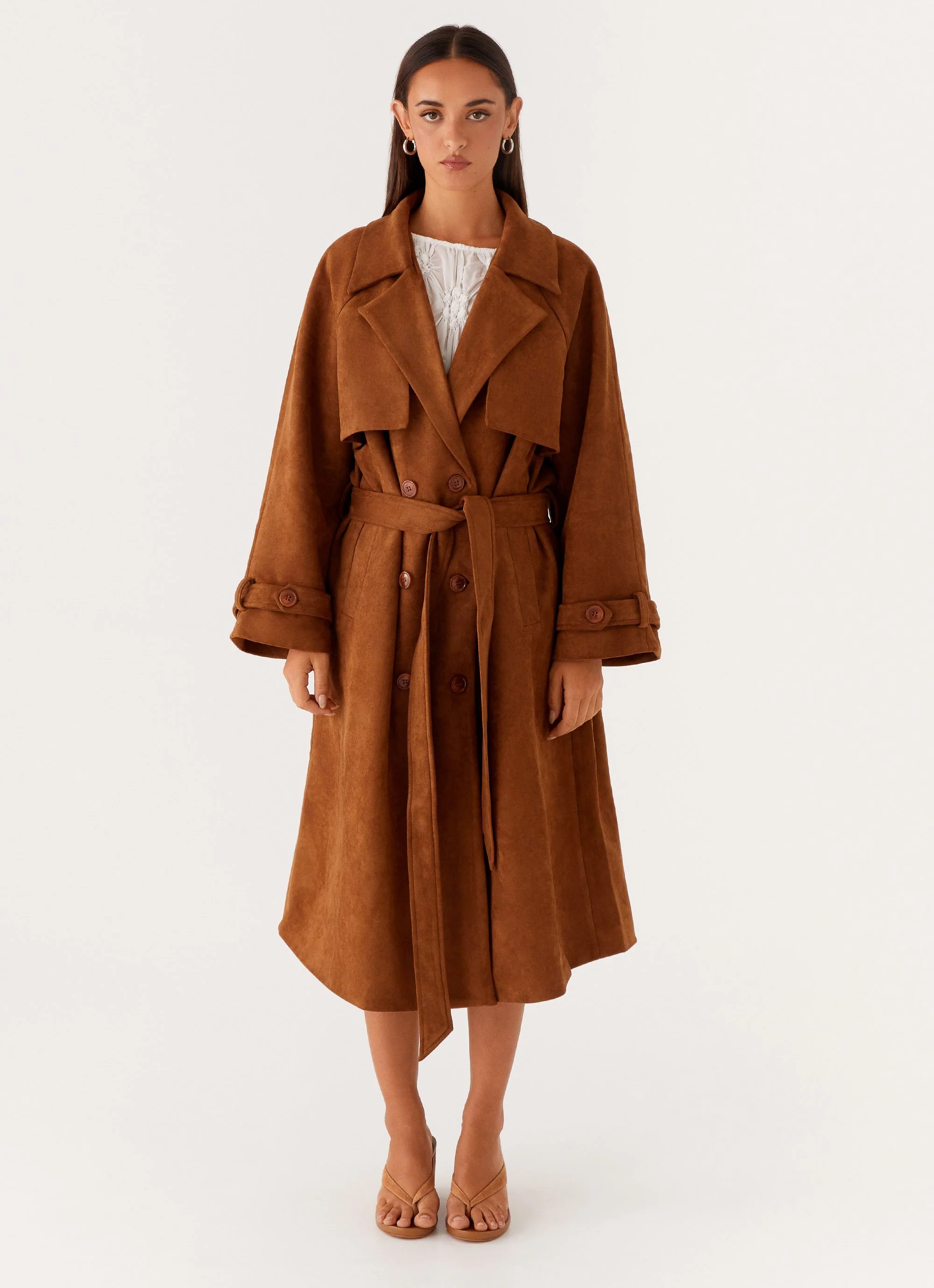 Bridie Faux Suede Trench Coat - Brown - Image 2