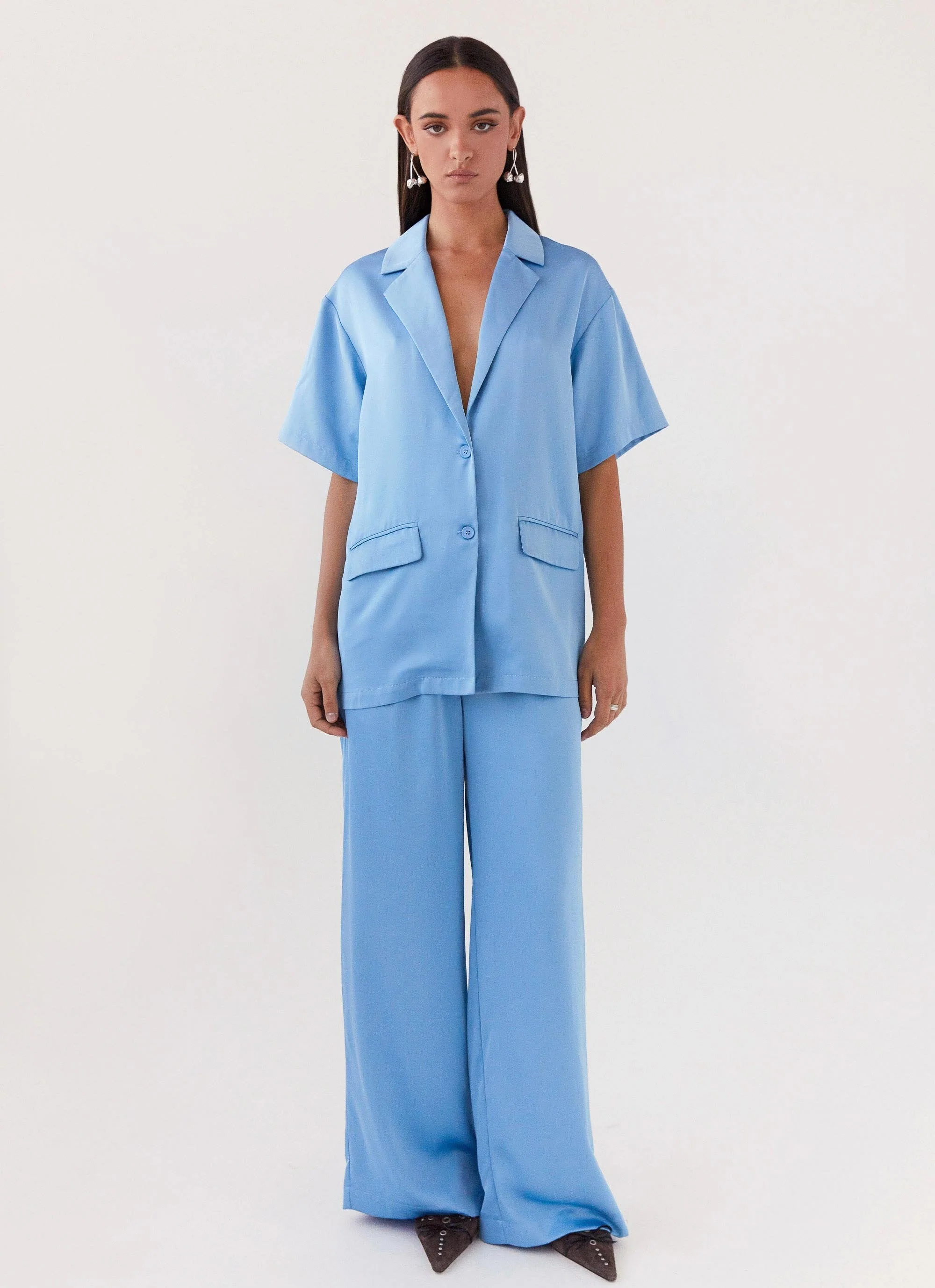 Brinkley Oversized Satin Shirt - Sky Blue - Image 2