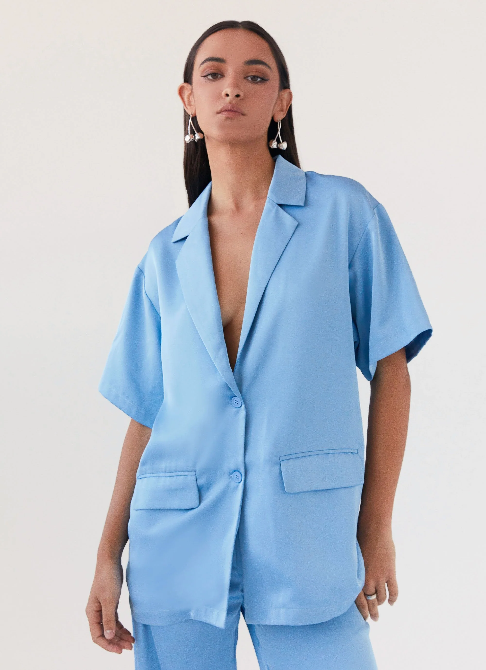 Brinkley Oversized Satin Shirt - Sky Blue - Image 5