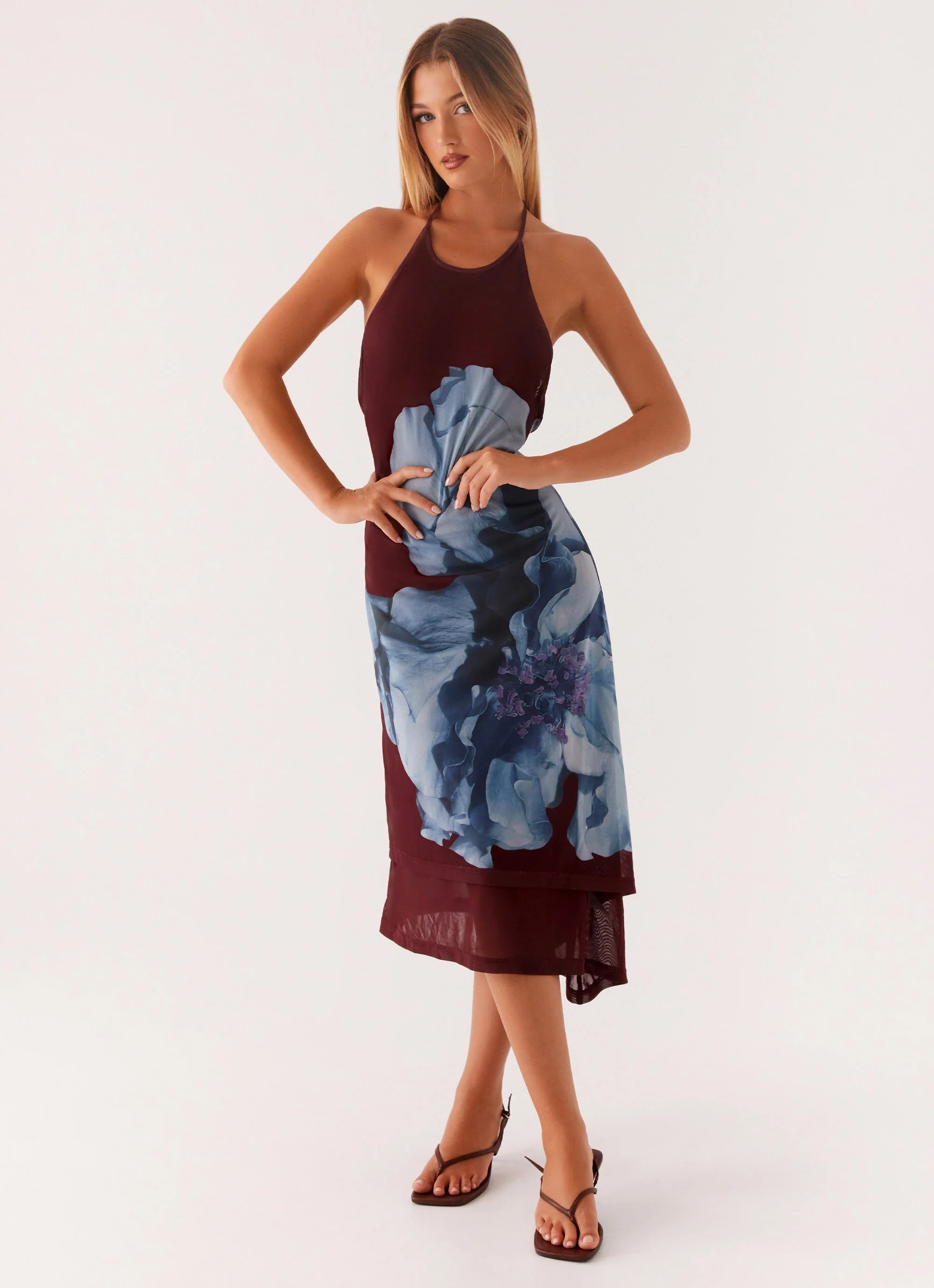 Brinley Halterneck Midi Dress - Maroon Print - Image 6