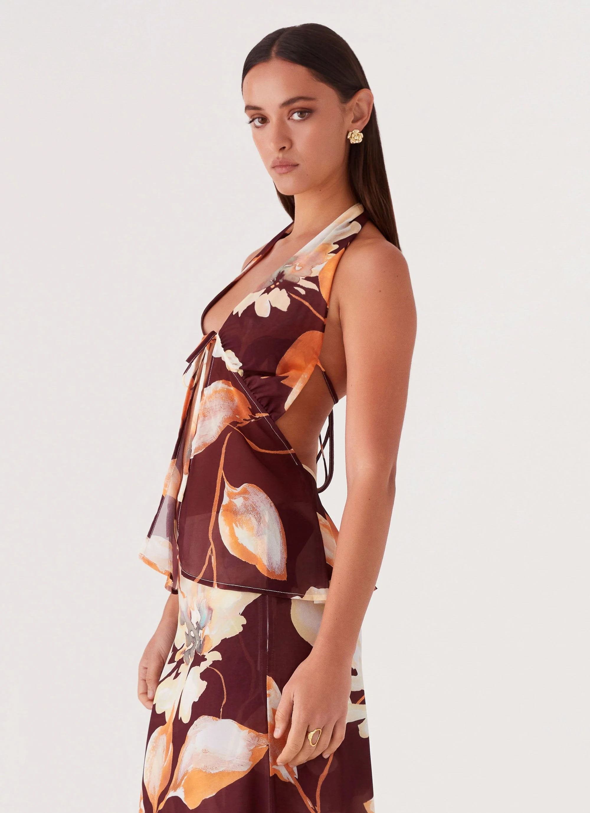 Camellia Halterneck Top - Brown Floral - Image 4