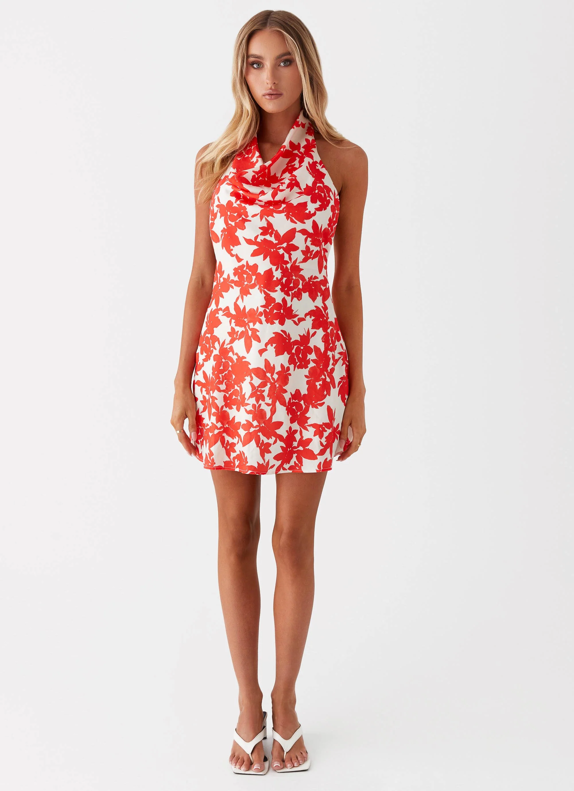 Carmine Bouquet Cowl Neck Mini Dress - Red Floral - Image 2
