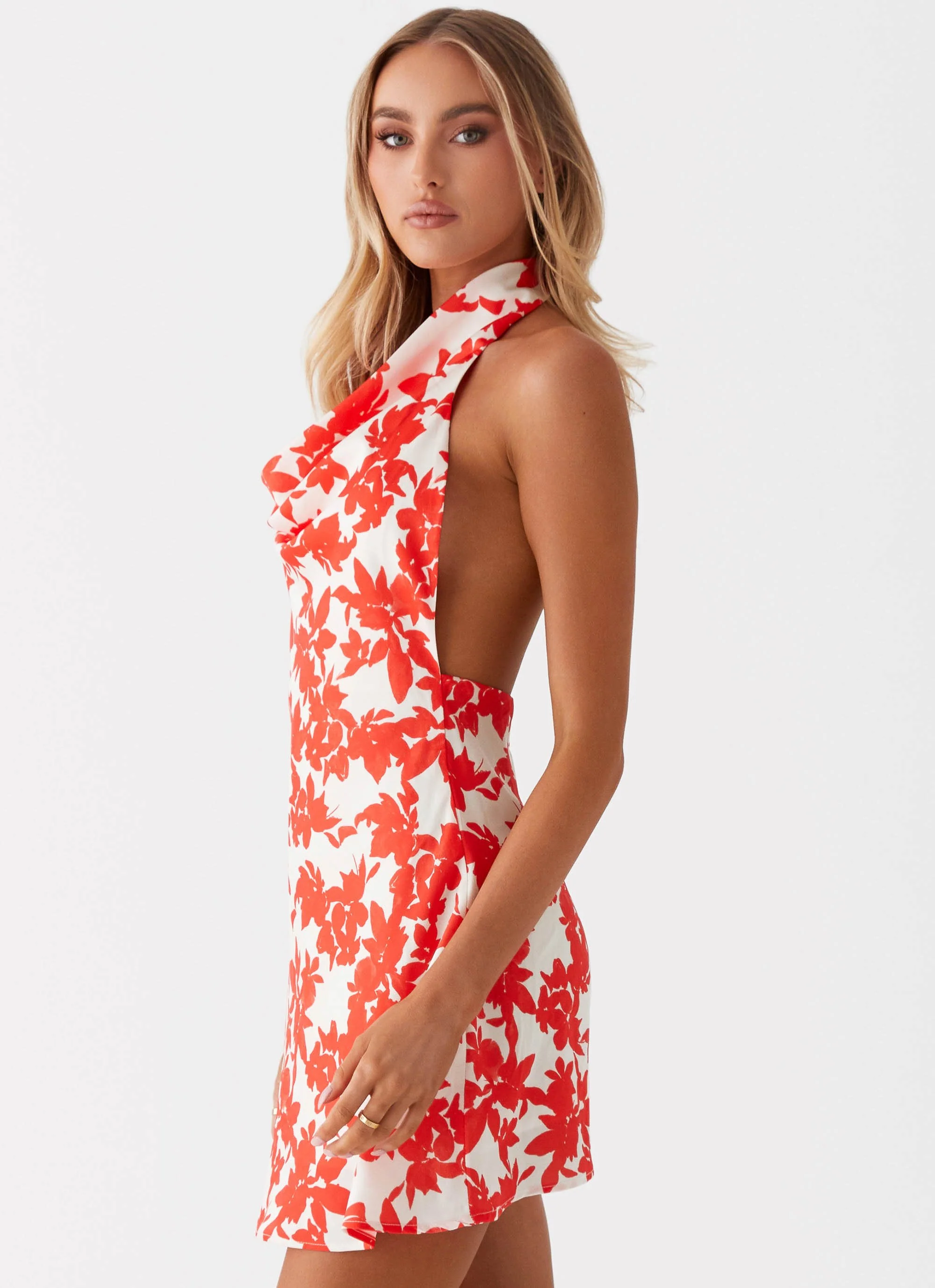 Carmine Bouquet Cowl Neck Mini Dress - Red Floral - Image 3