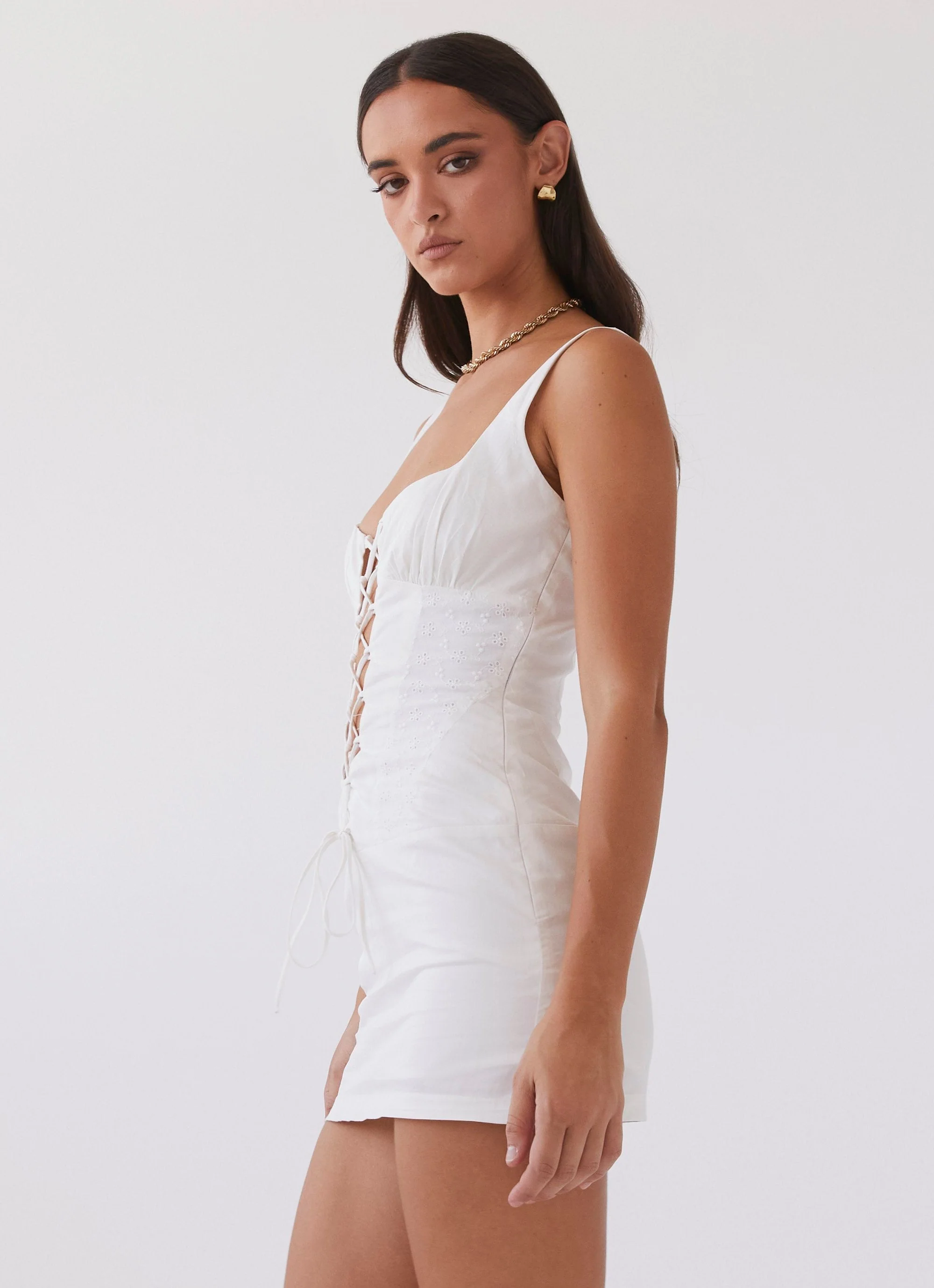 Casey Lace Up Mini Dress - White - Image 3