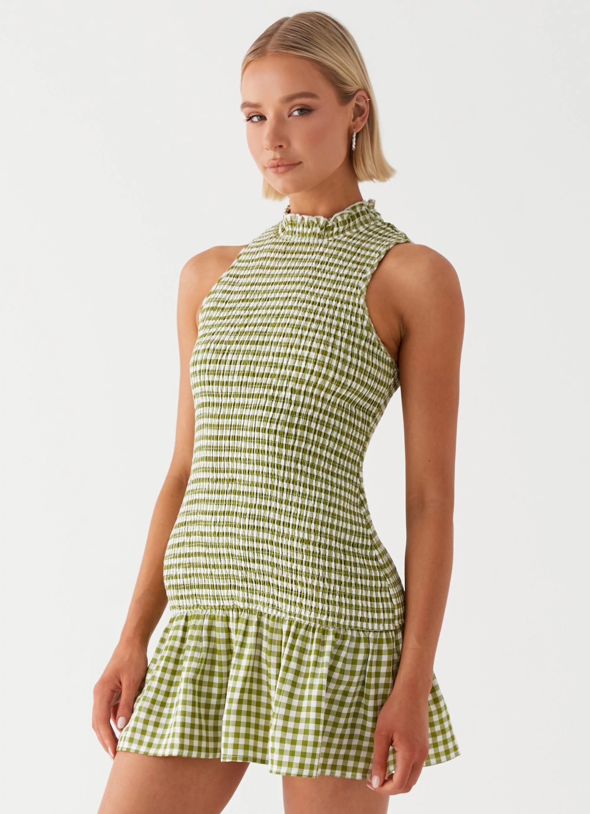 Cassie shirred Mini Dress - Khaki Gingham - Image 3