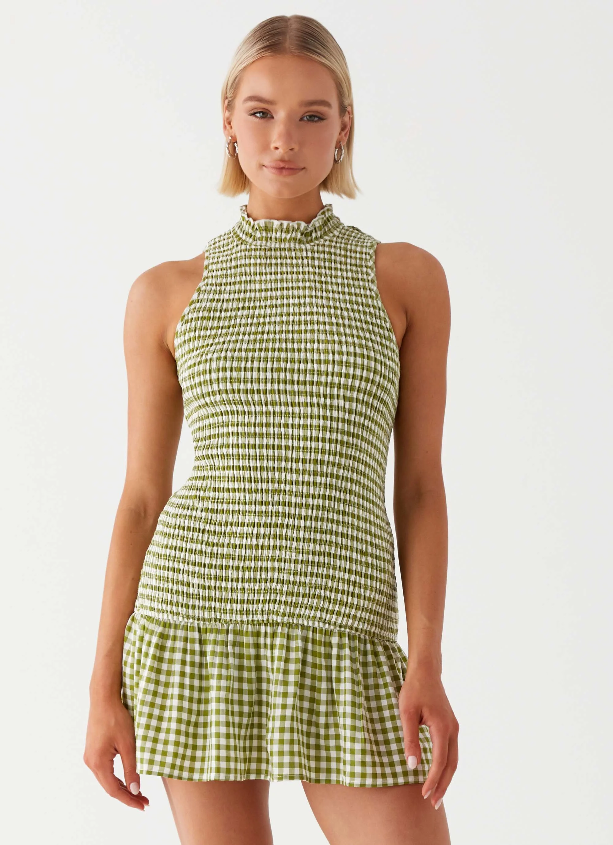 Cassie shirred Mini Dress - Khaki Gingham - Image 6