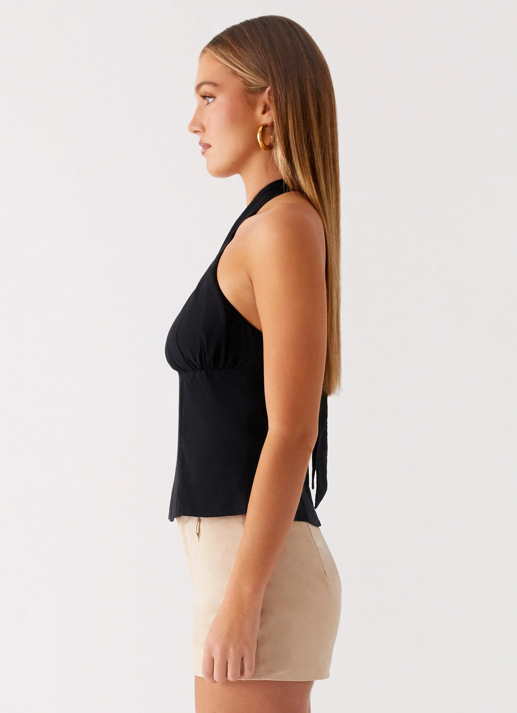Catch Me Later Linen Halter Top - Black - Image 3