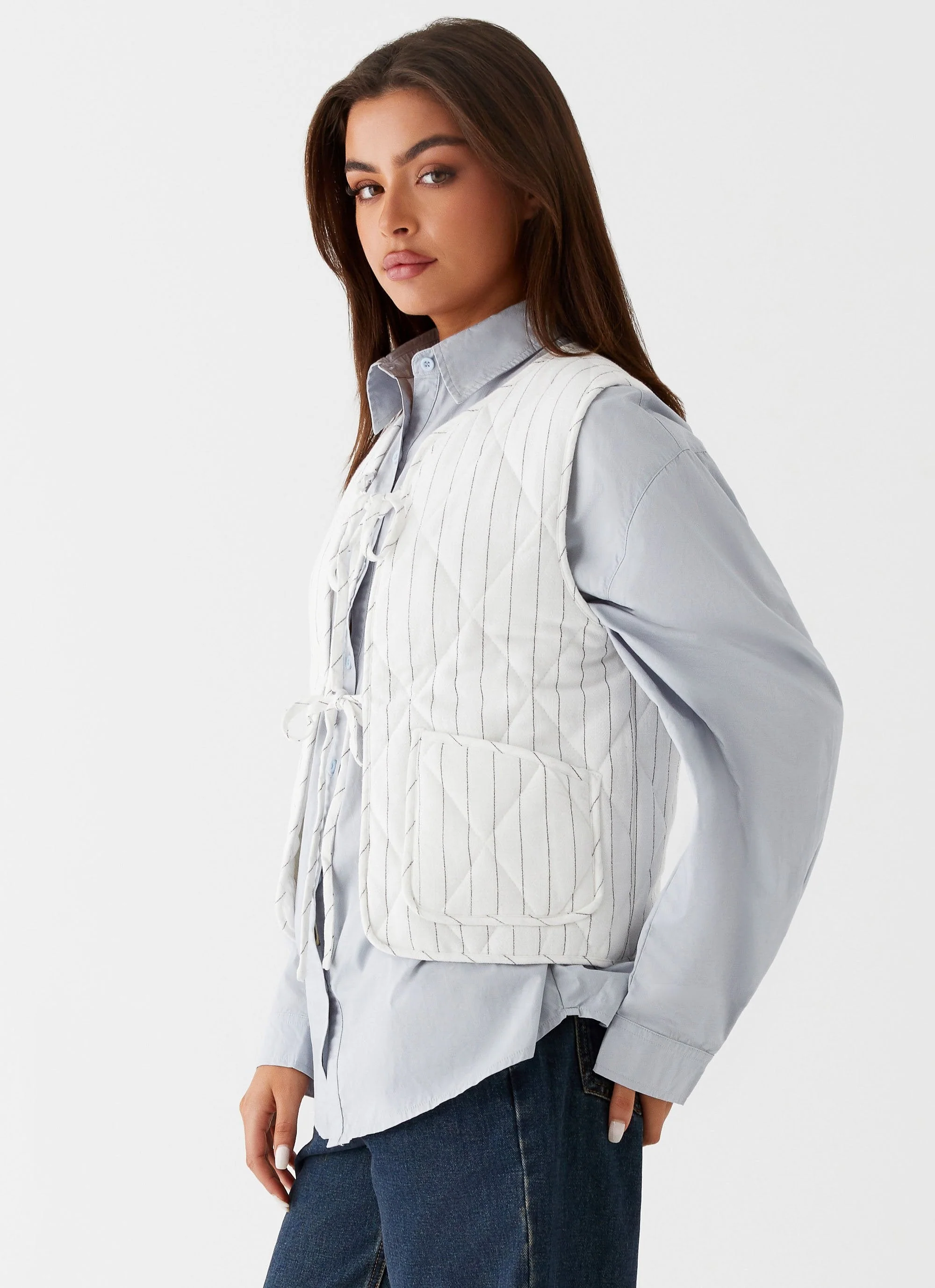 Celini Quilted Vest - White Pinstripe - Image 2