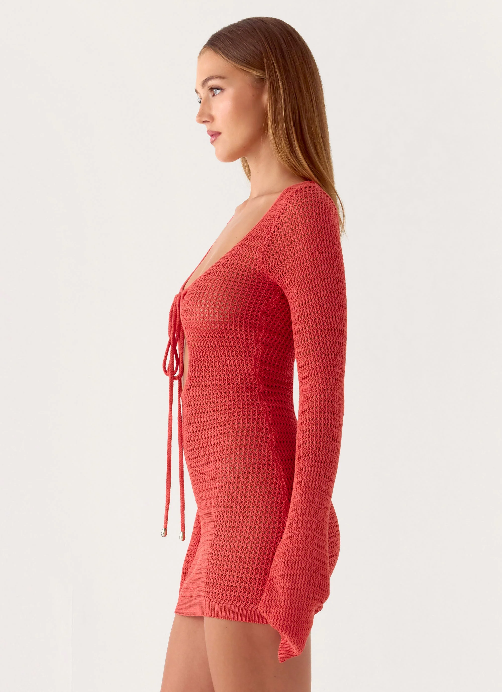 Charis Long Sleeve Crochet Mini Dress - Cherry - Image 2