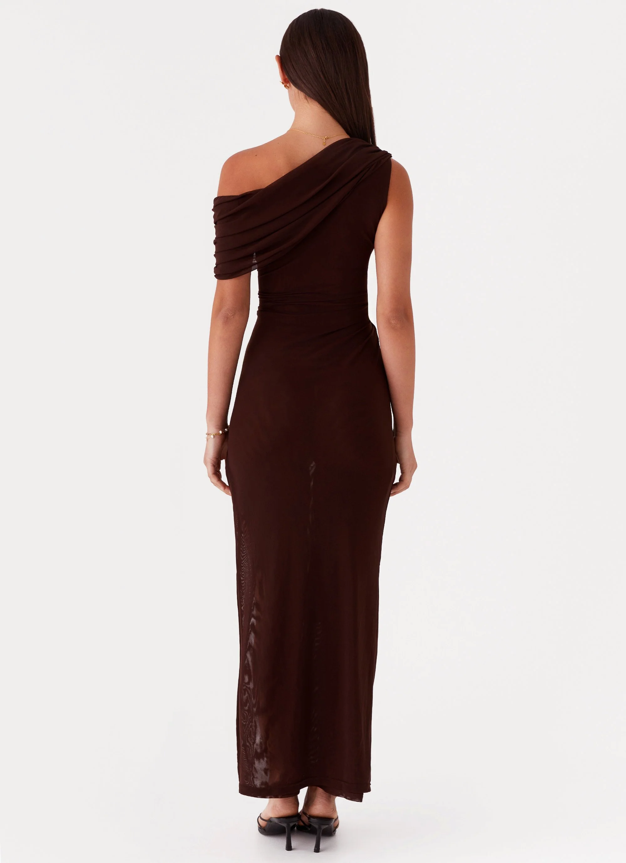 Ciara One Shoulder Draped Maxi Dress - Chocolate - Image 4