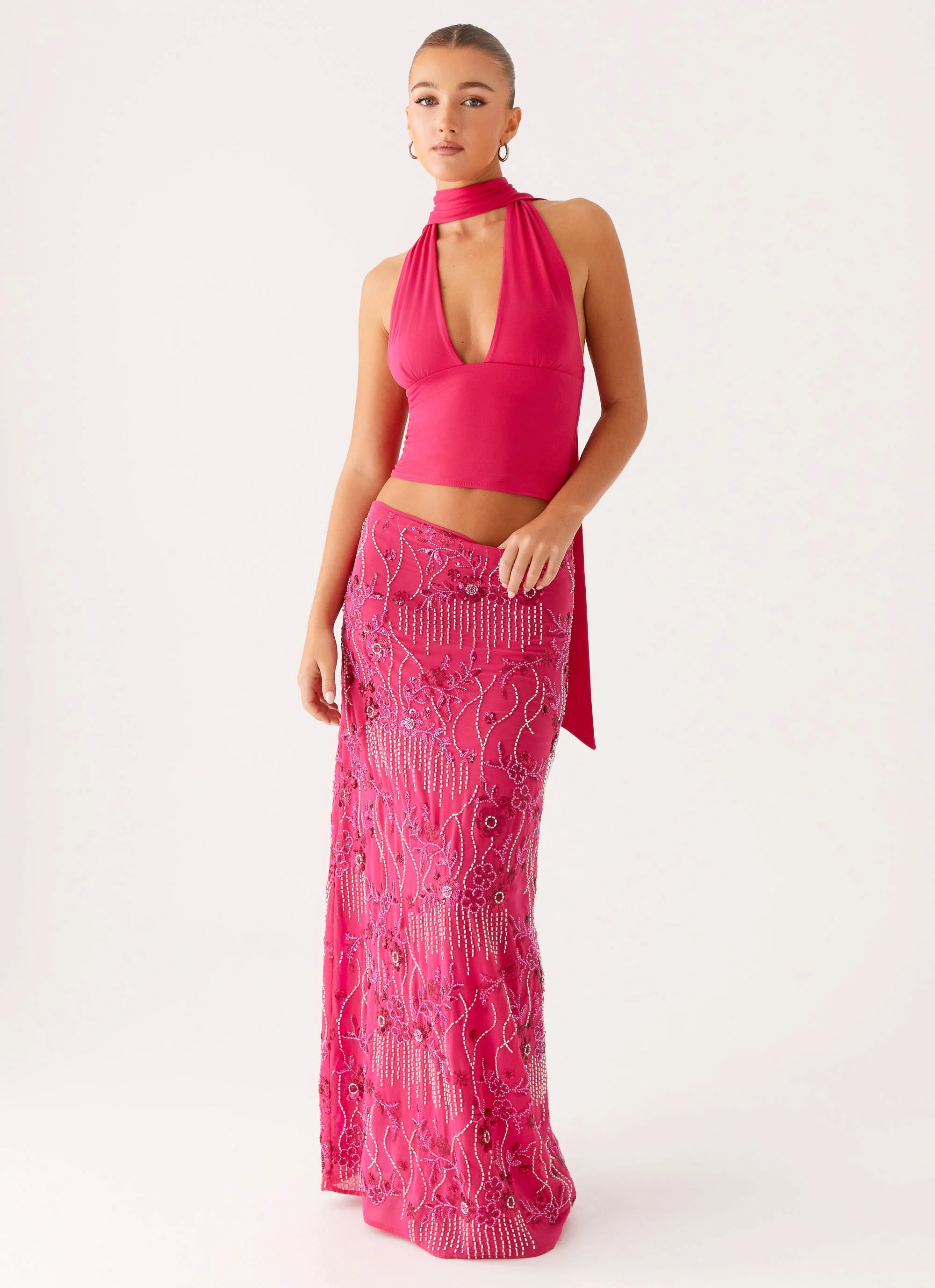 Corinna Low Rise Sequin Maxi Skirt - Fuchsia - Image 3