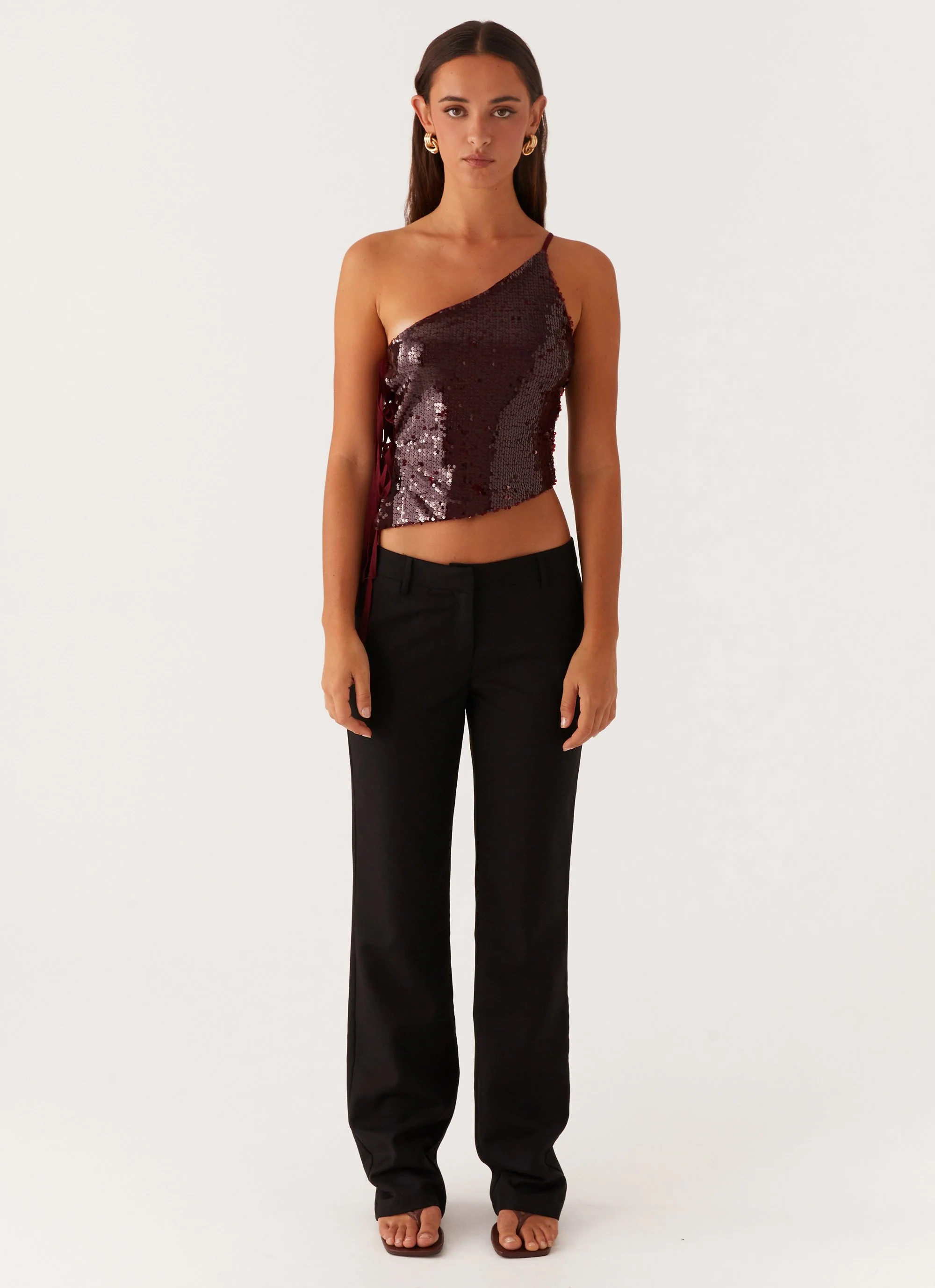 Cosmopolitan One Shoulder Top - Maroon - Image 2
