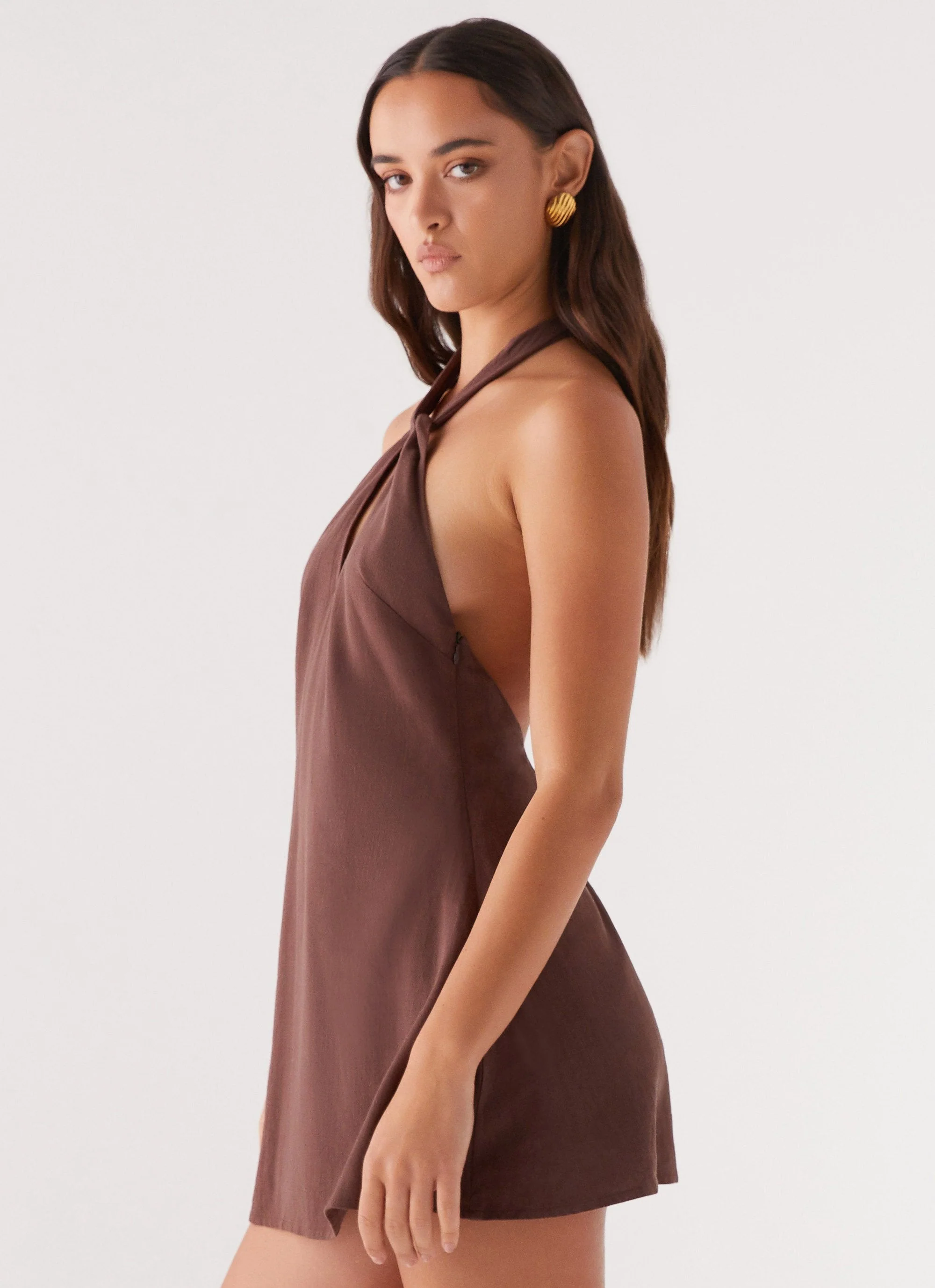 Counting Stars Linen Halterneck Dress - Chocolate - Image 4